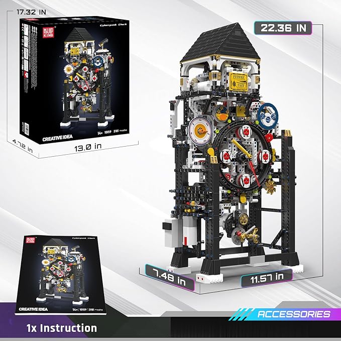 Mould King Cyberpunk Clock Building Set 3181+ Pcs Building Blocks Kits That Run with Chiming Bird & 4 Dials Electric Alarm Clock Model Kit with Motor Collectible Building Toys for Adults and Te