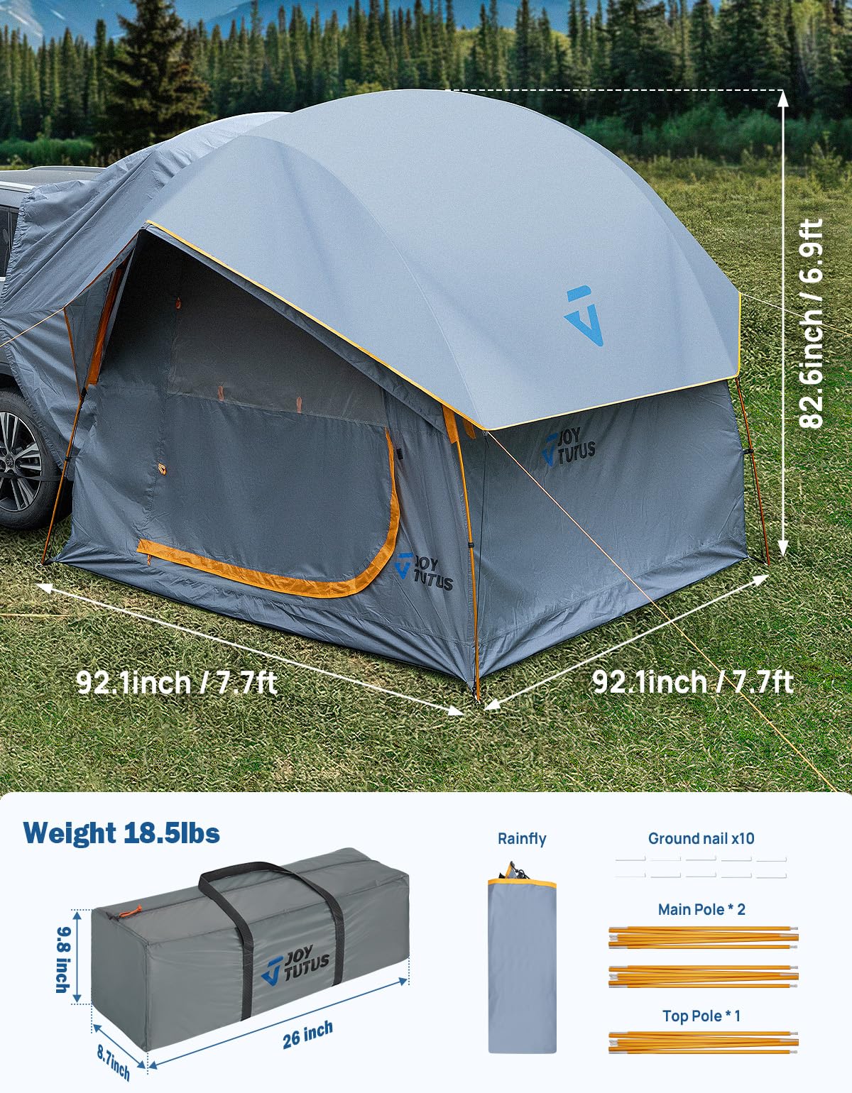JOYTUTUS SUV Tent for Camping with Rainfly, Double Door Design Car Tent with Aluminum Poles, SUV Tailgate Tent with Waterproof PU2000mm Double Layer for 4-8 Person, Orange