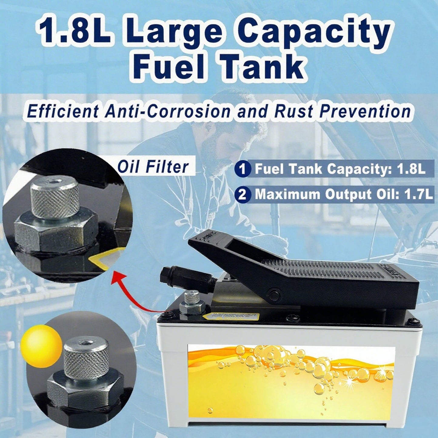 Air Hydraulic Pump 10,000 PSI 1.7L Reservoir, NPT 3/8" Oil Outlet, 2 x 6.5 ft Pipe, Hydraulic Pump Air Hydraulic Foot Pump, Gray