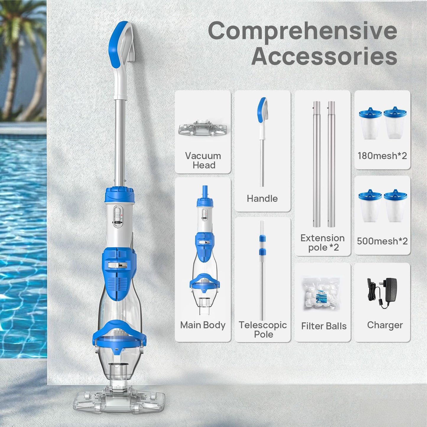 Consciot Upgraded Pool Vacuum for Above Ground & Inground Pool, 75-Min Runtime, 113" (9.4FT) Telescopic Pole, 22 GPM Suction, 2L Capacity, 4 Filters; Ideal for Spa, Hot Tub & Pool Stairs