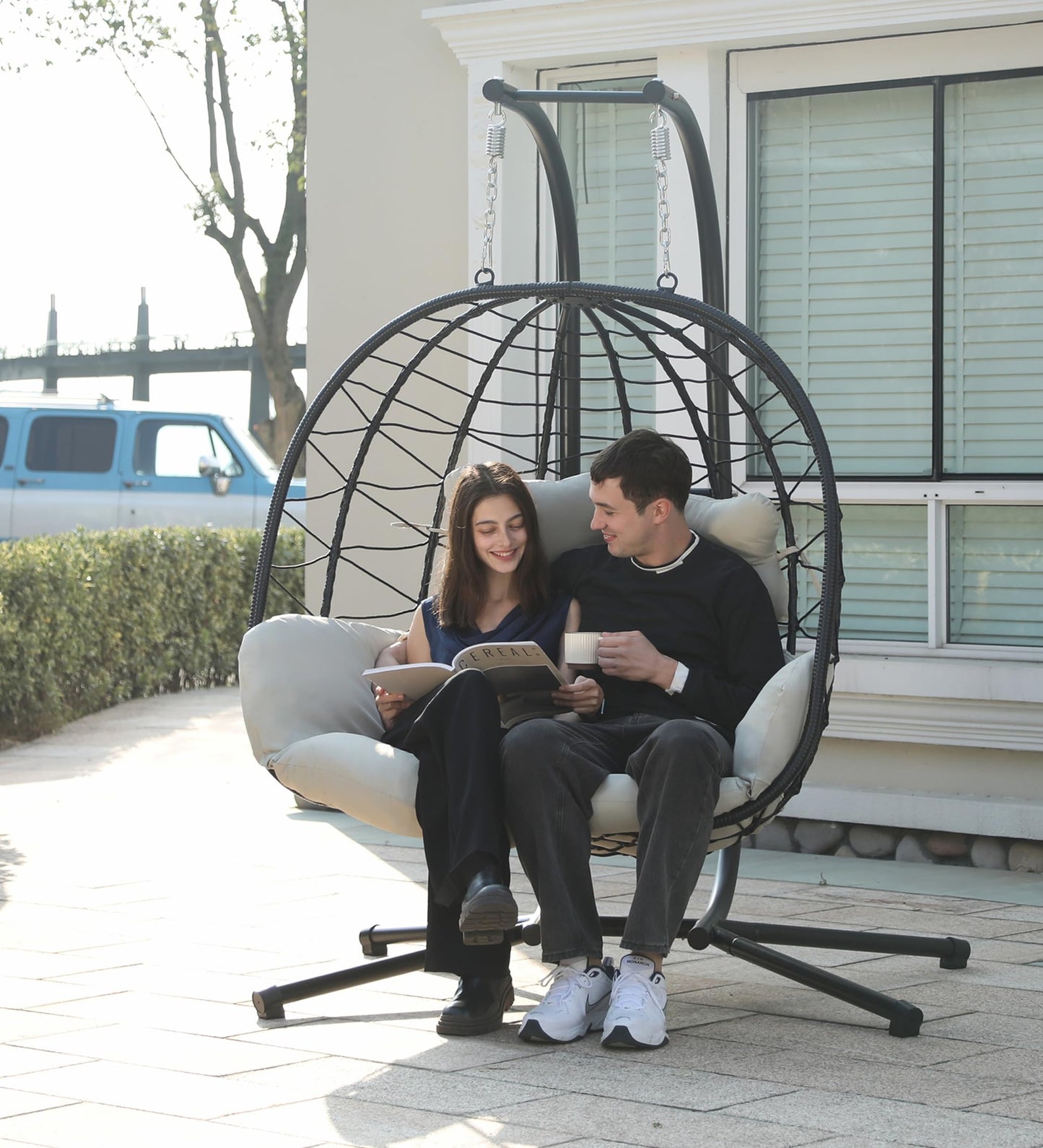 Double Egg Chair with Stand Hammock Swing Chair Foldable Hanging Loveseat, UV Resistant Removable Cushions, 700LBS Capacity for Bedroom, Balcony, Garden(BK-BE)