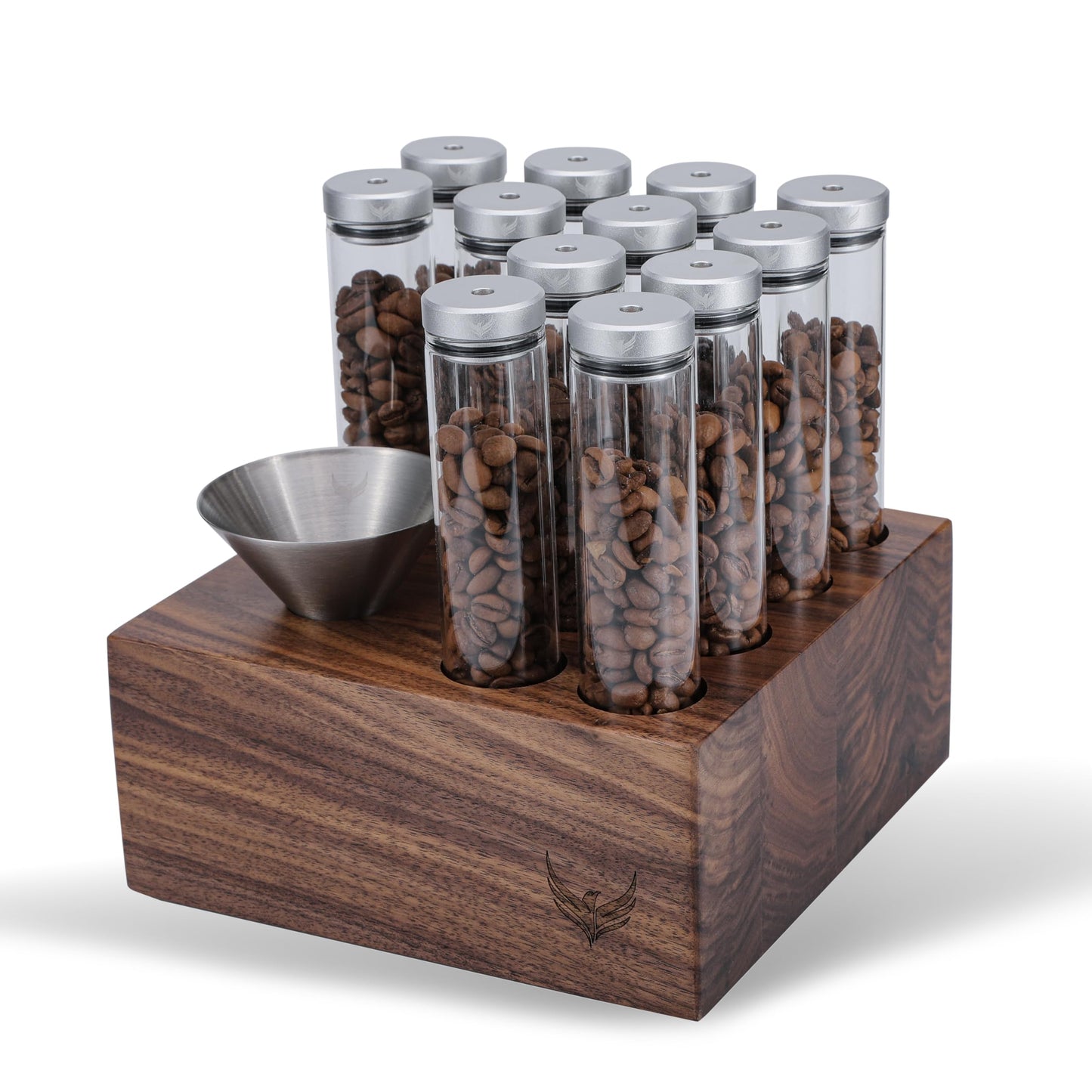 KNODOS Single Dose Coffee Bean Vials and Walnut Dosing Set Espresso Bean Container with Dosing Cup and Espresso Mister