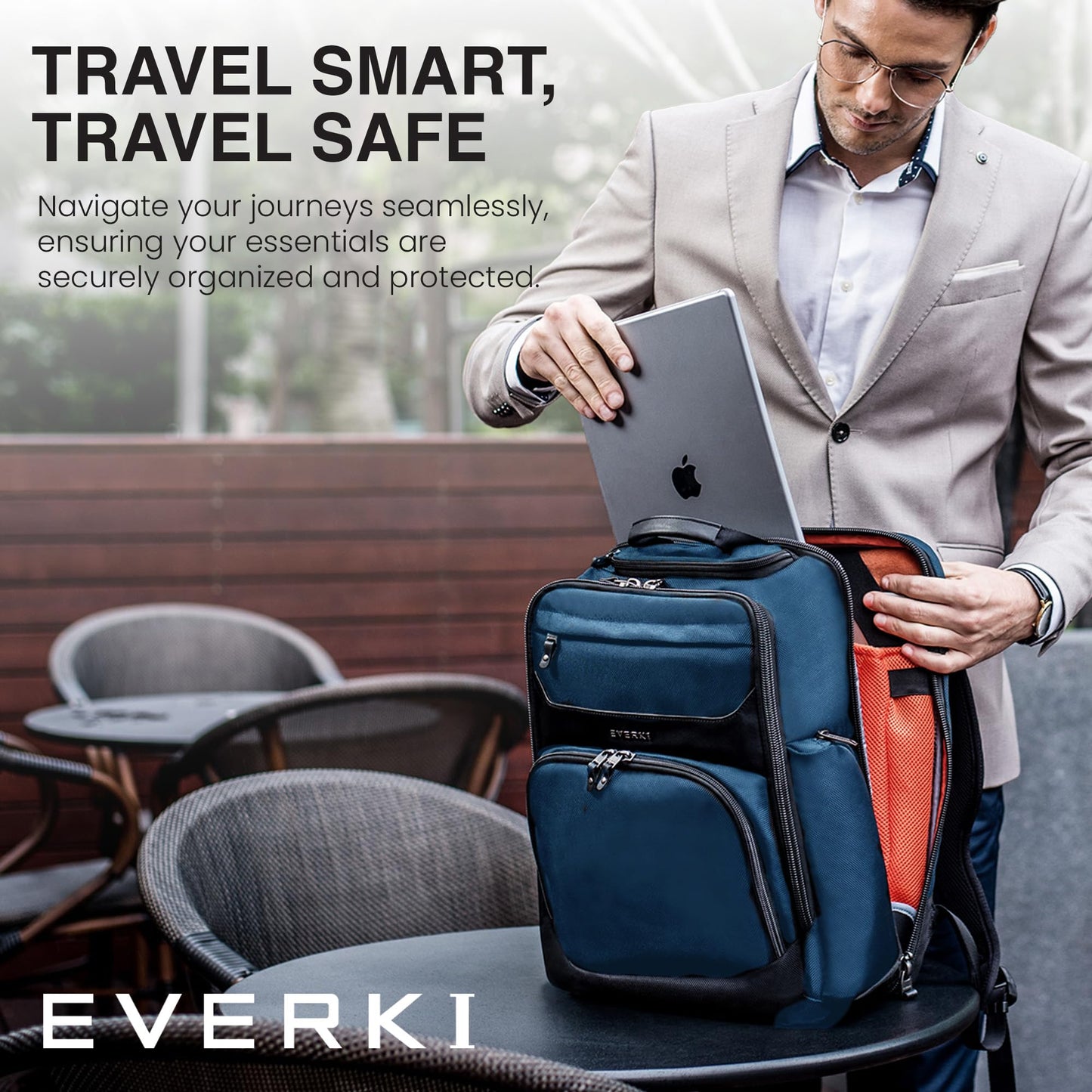 EVERKI Onyx Premium Business Executive Laptop Backpack + Compression Packing Cube Set (S & M), 36L Capacity, 17.3" Laptop Compartment, Durable Water-Repellent Nylon & Leather Office Backpack - Navy