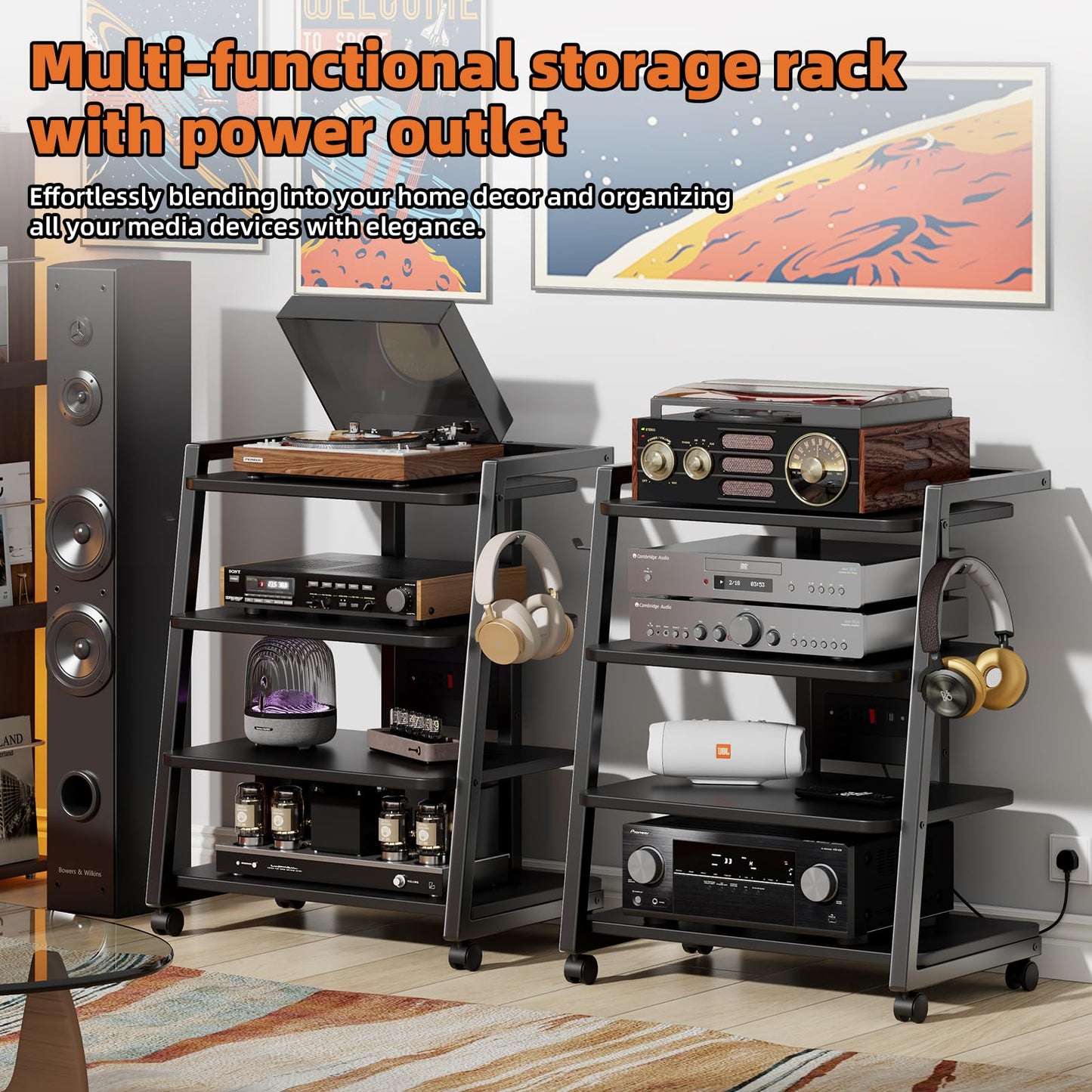 CABTE Mobile AV Media Stand with Outlets and 4 Rolling Caster Wheels, 4-Tier Rolling TV Stand for Gaming Console, Stereo, DVD Player, Sturdy Metal Frame, Versatile Living Room,Bedroom (Black)