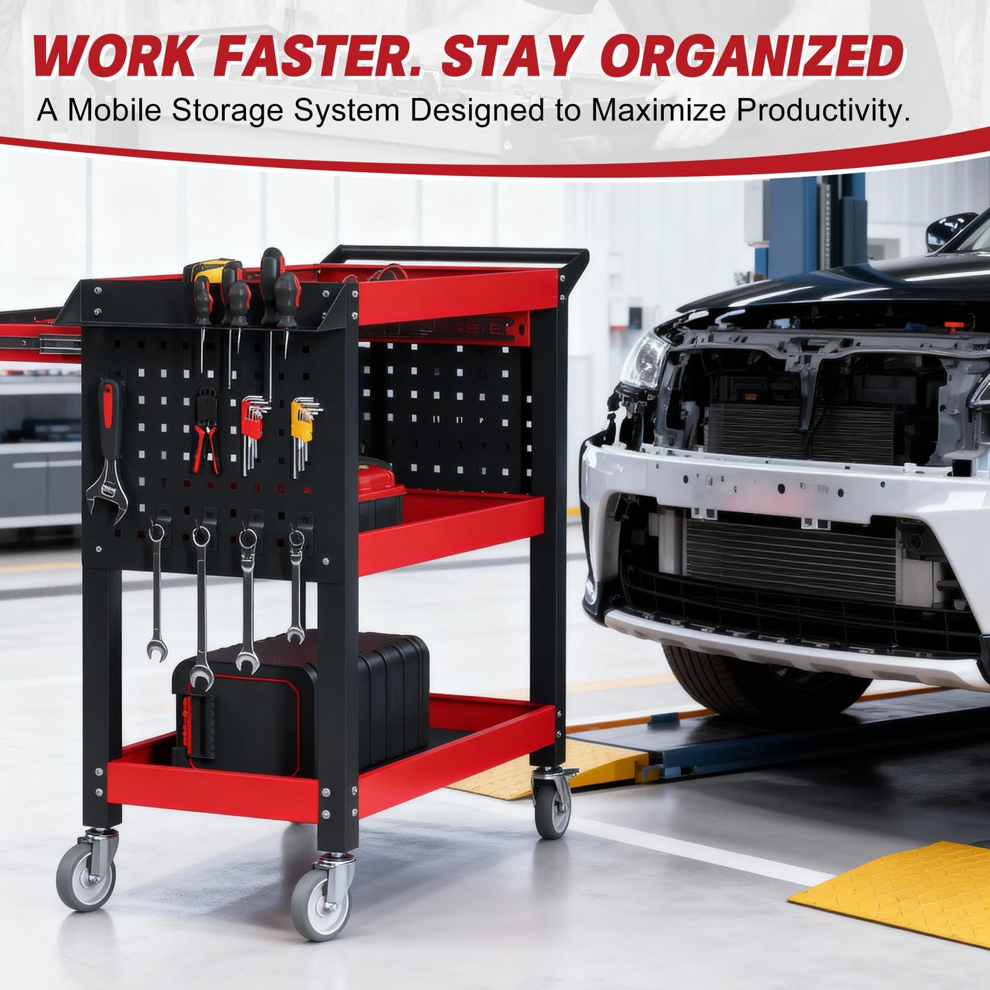XCX 3 Tier Tool Cart on Wheels, Heavy Duty Metal Rolling with Drawers and Pegboards, 660 LBS Load Capacity Tool Storage Cart, Industrial Utility for Garage, Warehouse, Workshop