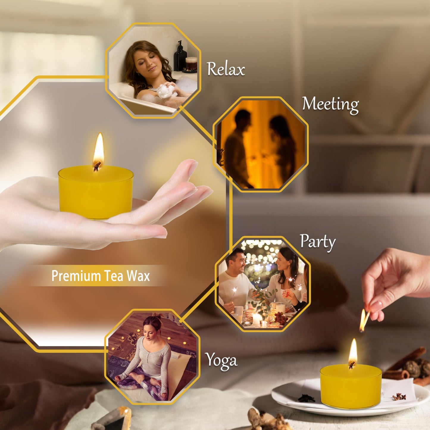 Tea Lights Yellow Tea Candles Set of 24 – Tealight Candles with Lemon Scent, Long Burning Handmade Tealights for Wedding Meditation Home Decor Gift
