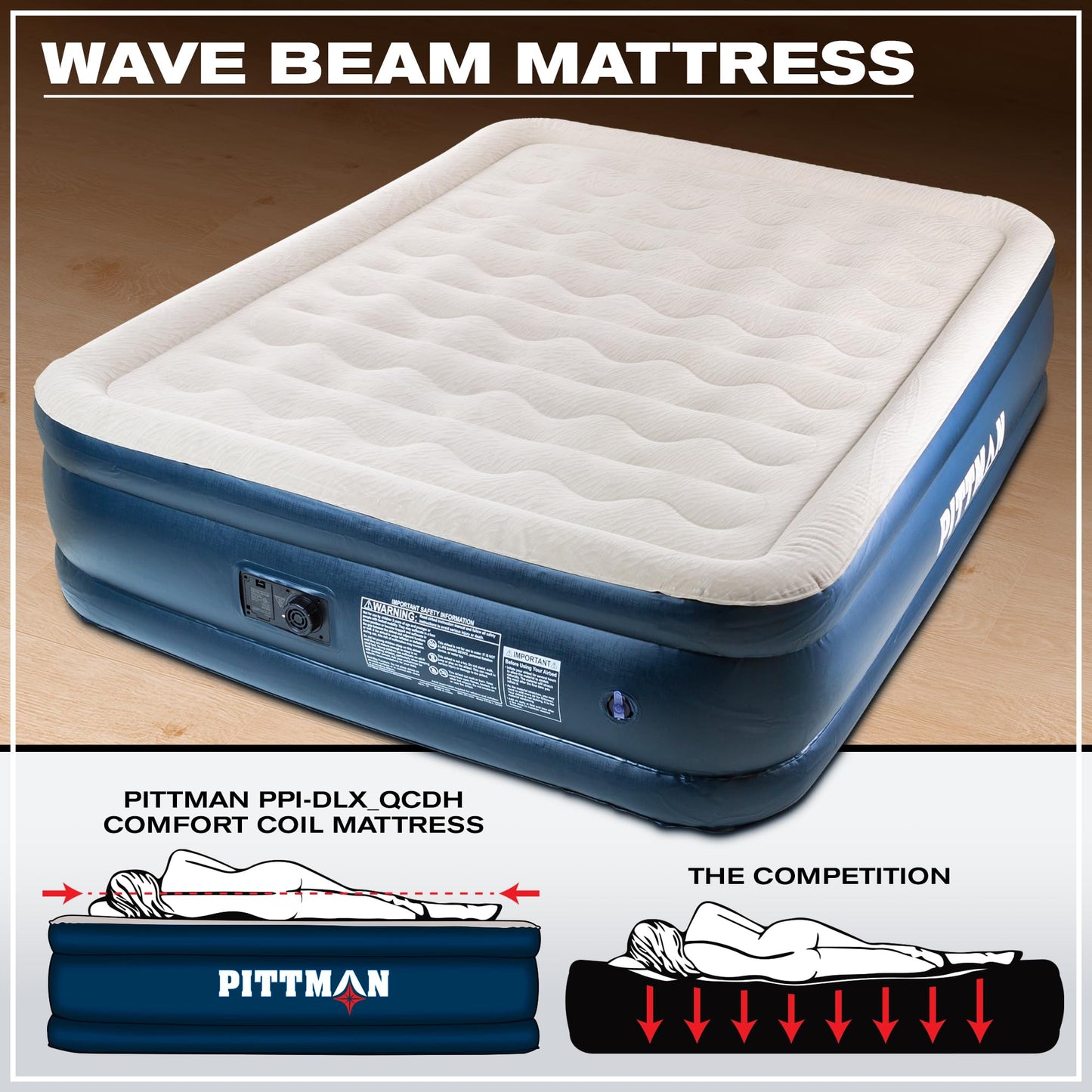 Pittman Outdoors Queen Air Mattress – 20” Deluxe Blue Double High, Queen Air Mattress with Built in Pump, 600lb Capacity, Portable Inflatable Bed with Carry Bag, Blow Up Mattress for Home & Travel