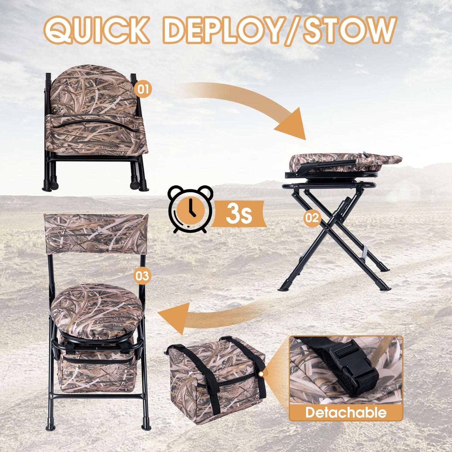 GUANIEE 360° Swivel Hunting Chair Folding Silent Hunt Blind Chair, Portable Ground Sniper Seat for Fishing Dove Deer Hunting, with Storage Bag, Camo Khaki