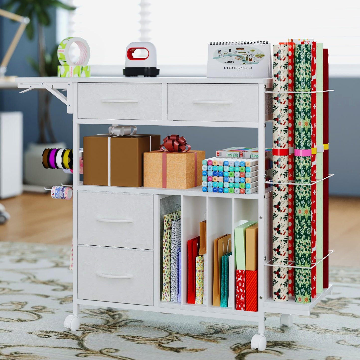 Wrapping Paper Storage Cart with Foldable Table, 3 Tier Gift Wrap Organizer with Drawers, Holds 8 Rolls, 8 Slap Bands, Rolling Craft Storage Station for Ribbons Gift Bags Supplies (White)