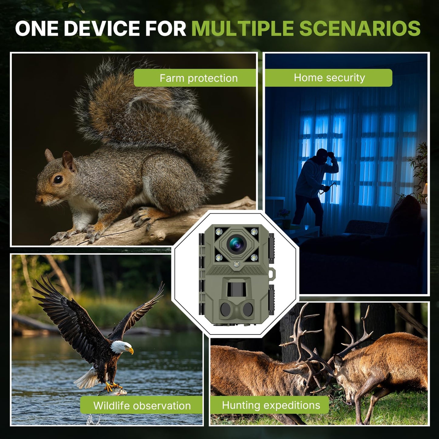 WOSPORTS Night Full Color Trail Camera,5K 60MP 0.1s Trigger Game Camera with Clear 100ft,Dual Mode(Low-Glow IR & White Light),IP66 Trail Cam for Wildlife Monitoring & Security, H.264 MP4 Video