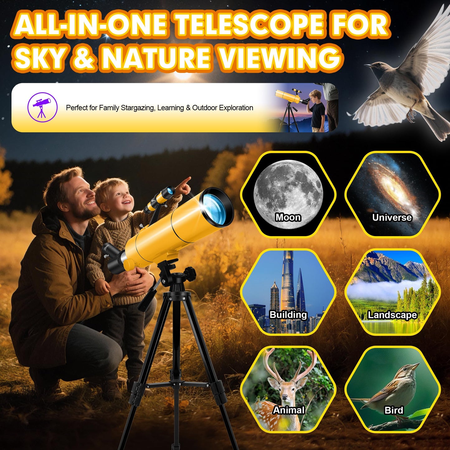 MEEZAA Telescope for Adults & Kids, 80mm Aperture 500mm Portable Refractor Telescope for Astronomy Beginners, Professional Travel Astronomical Telescopes with Tripod, Stickers, Phone Adapter, Backpack