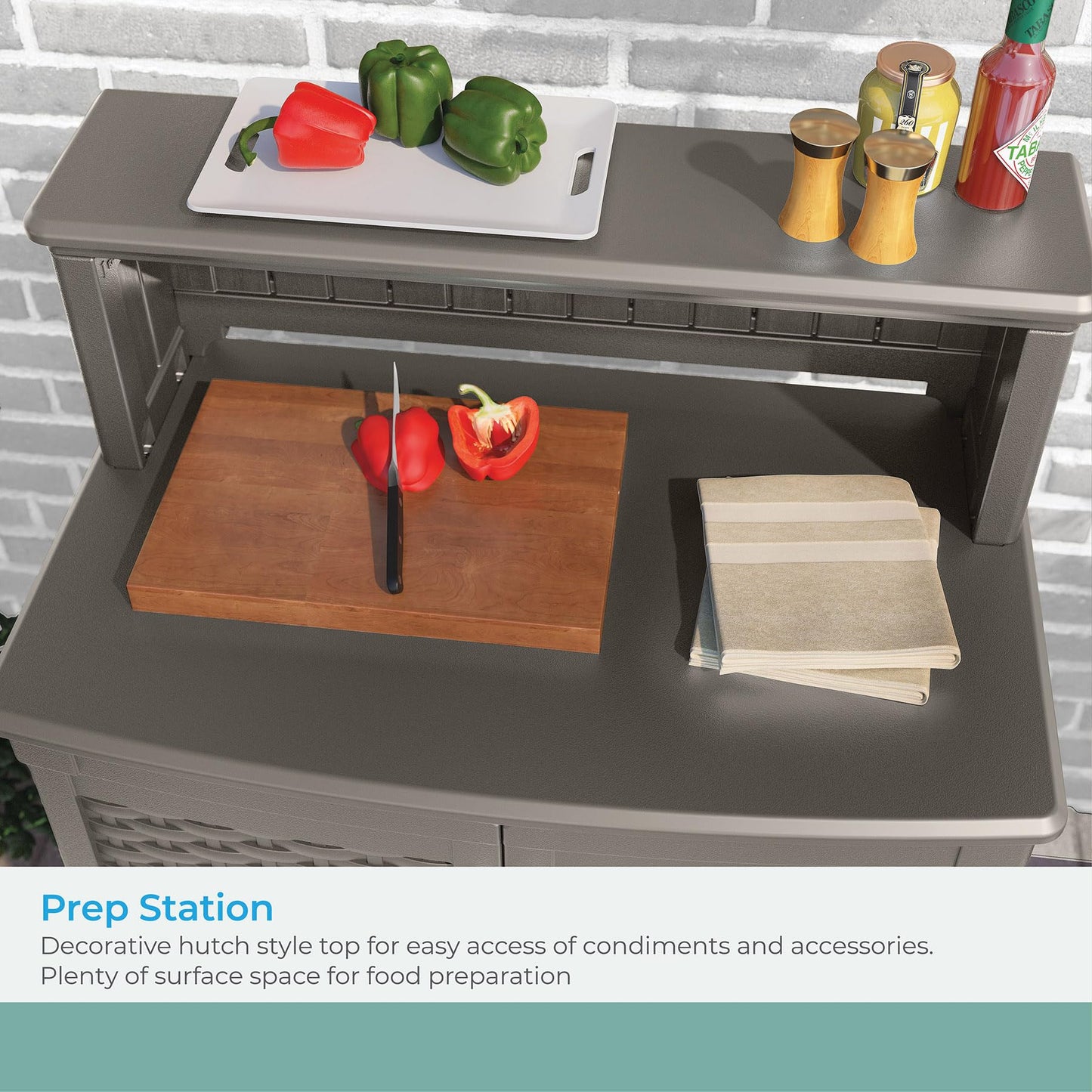 Suncast Patio Storage and Prep Station with 47-Gal. Cabinet, Adjustable Shelf, and Utensil Hooks, Outdoor Rolling Storage Cabinet and Grill Prep Table, Made in The USA