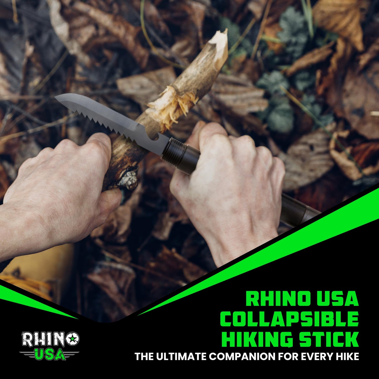 Rhino USA Modular Tactical Walking Stick and Hiking Staff with Integrated Survival Kit for Hiking, Camping and Trekking, Adjustable Tactical Stick with Compass and Fire Starter for Camping and Hunting