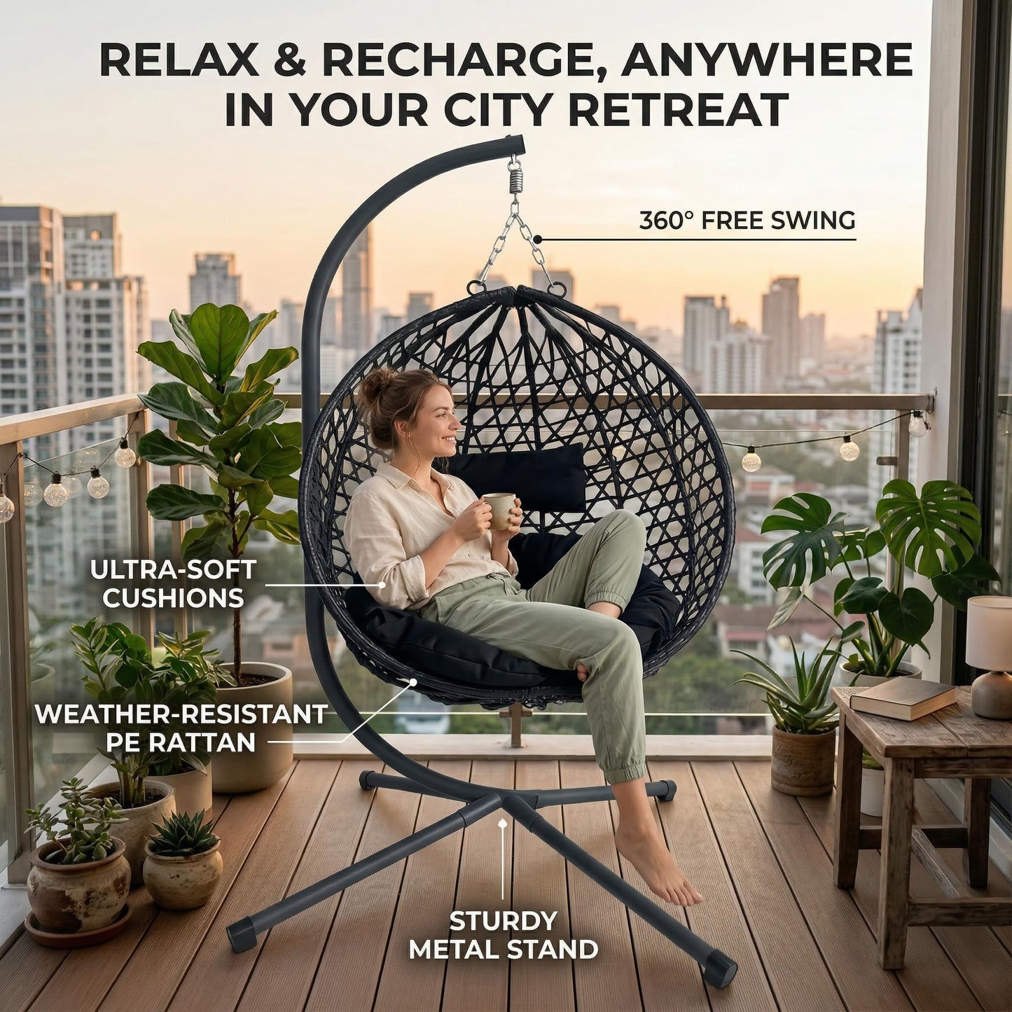KEIKI Hanging Egg Chair with Stand, Patio Hammock Swing Chair with Cushion, Patio Swing Basket Chair for Balcony, Backyard, Garden, Black
