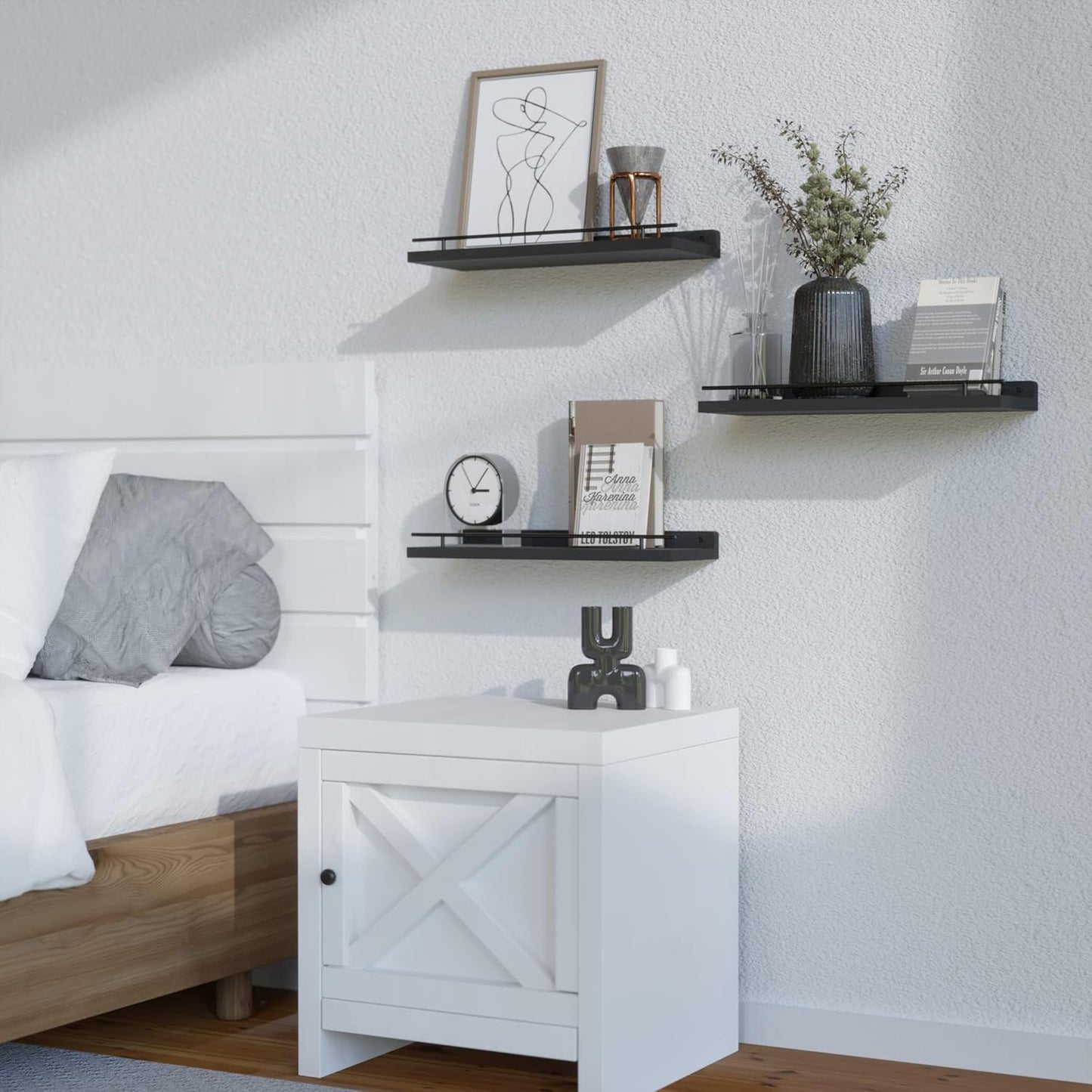 WOPITUES Floating Wall Shelves - Set of 3 with Black Metal Guardrail for Bedroom, Bathroom, Kitchen, Living Room Decor