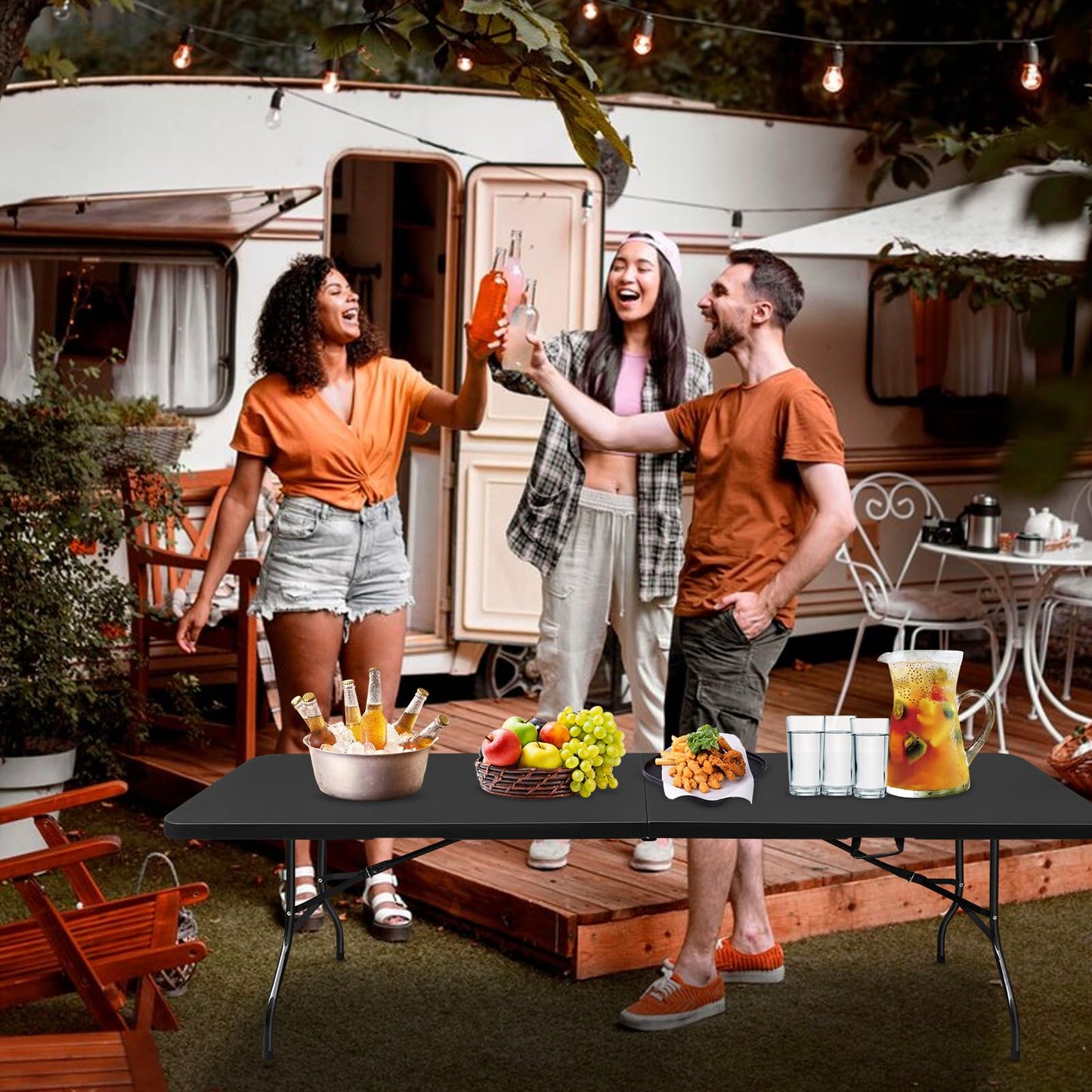 SculPong 8 FT Folding Table with Carry Handle, Portable Fold-in-Half Plastic Table, Rectangle Foldable Table for Indoor/Outdoor Black