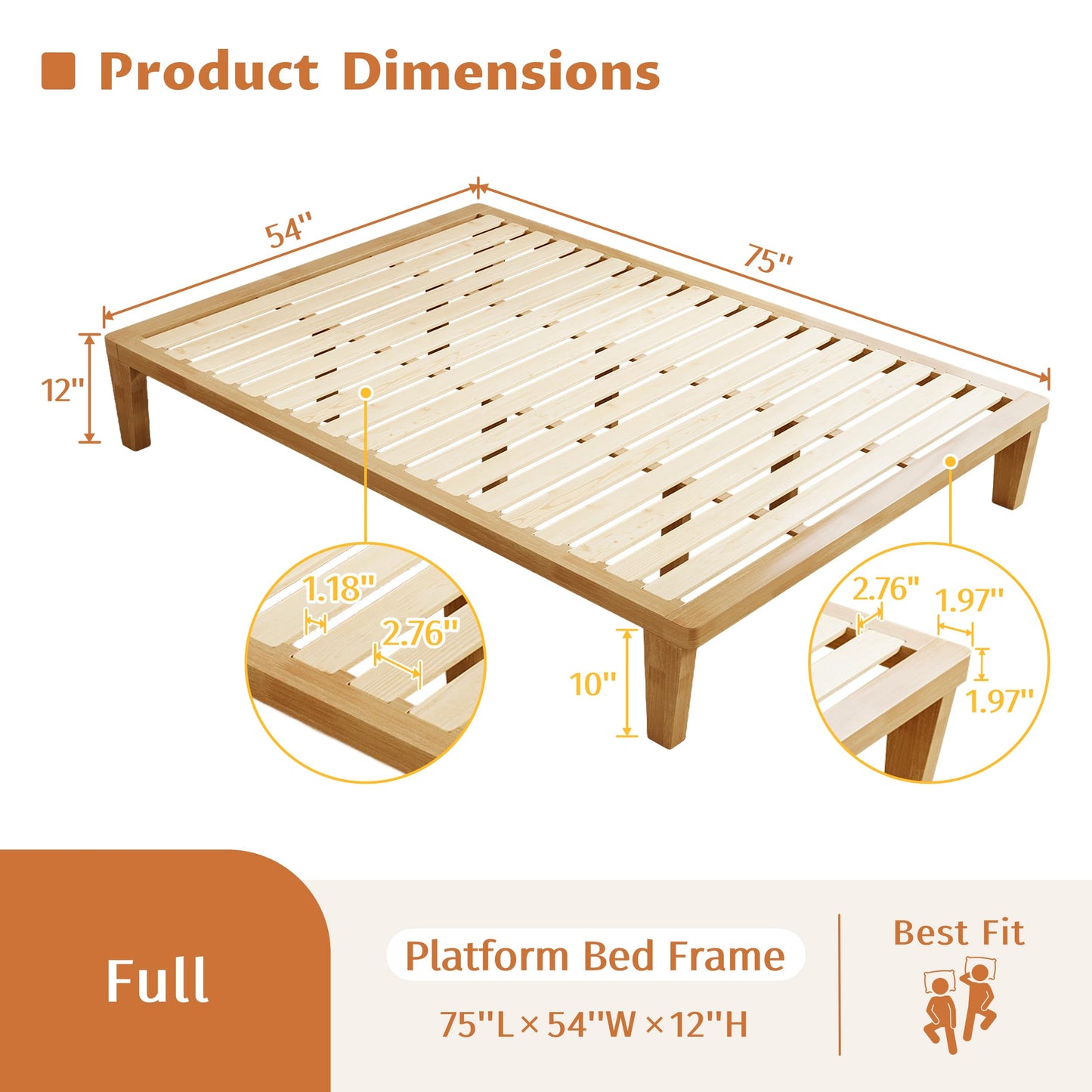 IOTXY Full Platform Bed Frame - 12 Inch Solid Wood Mattress Foundation Base with Heavy-Duty Support Slats & Legs, Rubberwood Full-Size Bedframe
