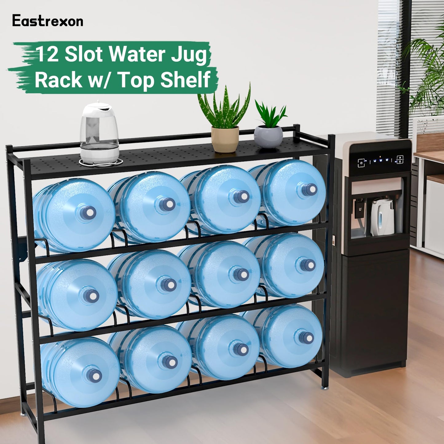 Eastrexon 5 Gallon Water Jug Holder Heavy Duty,4-Tier Water Jug Rack w/Top Shelf, Wall Mount Water Bottle Holder for 12 Bottles, Powder Coated Water Rack Stand for Home, Office, Restaurant, Gym.