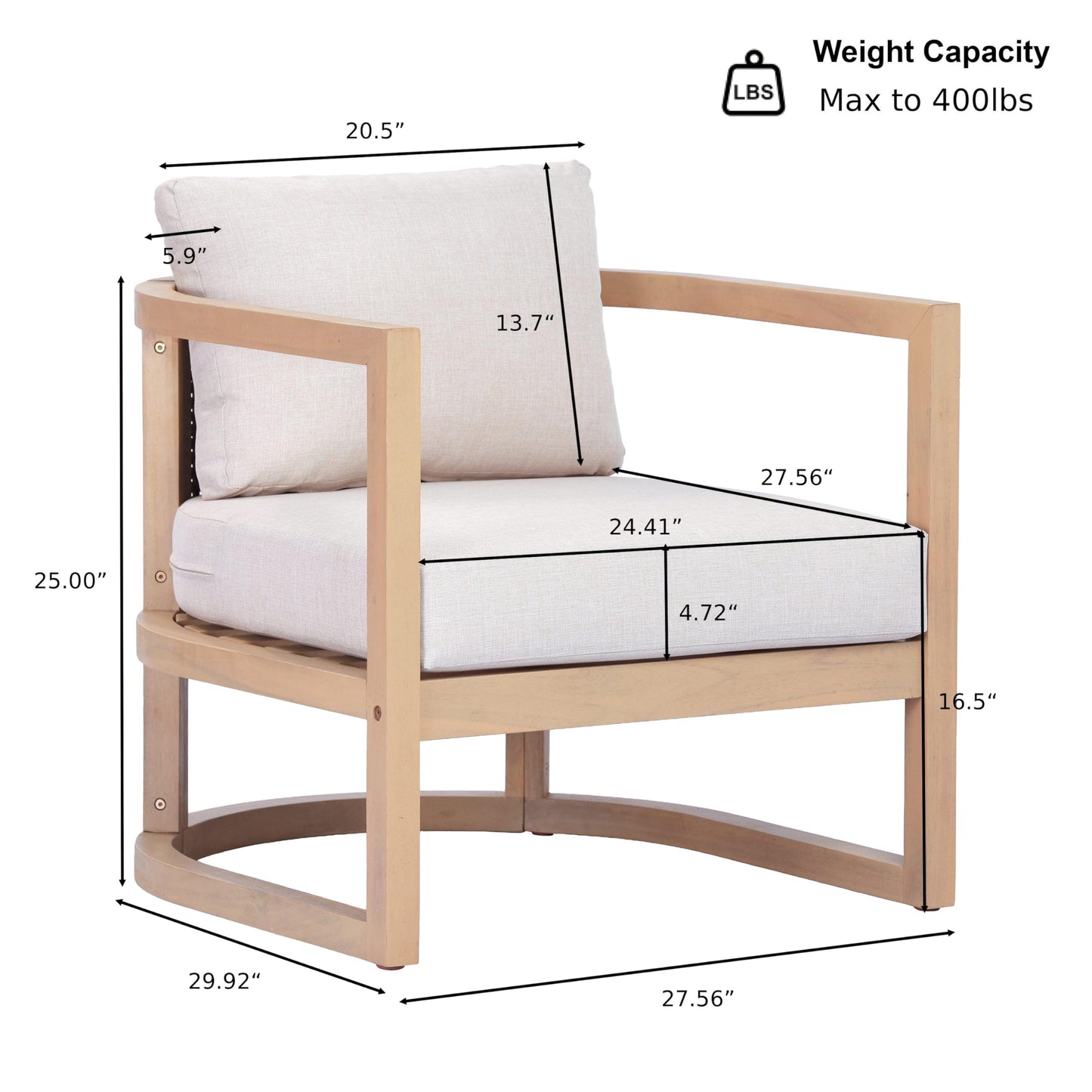 Merax Outdoor Acacia Wood Club Chair wtih Cushions, Patio Sofa Armchair with Rattan-Woven Back, Sturdy Base for Porch, Lawn, Backyard, Balcony, Light Teak