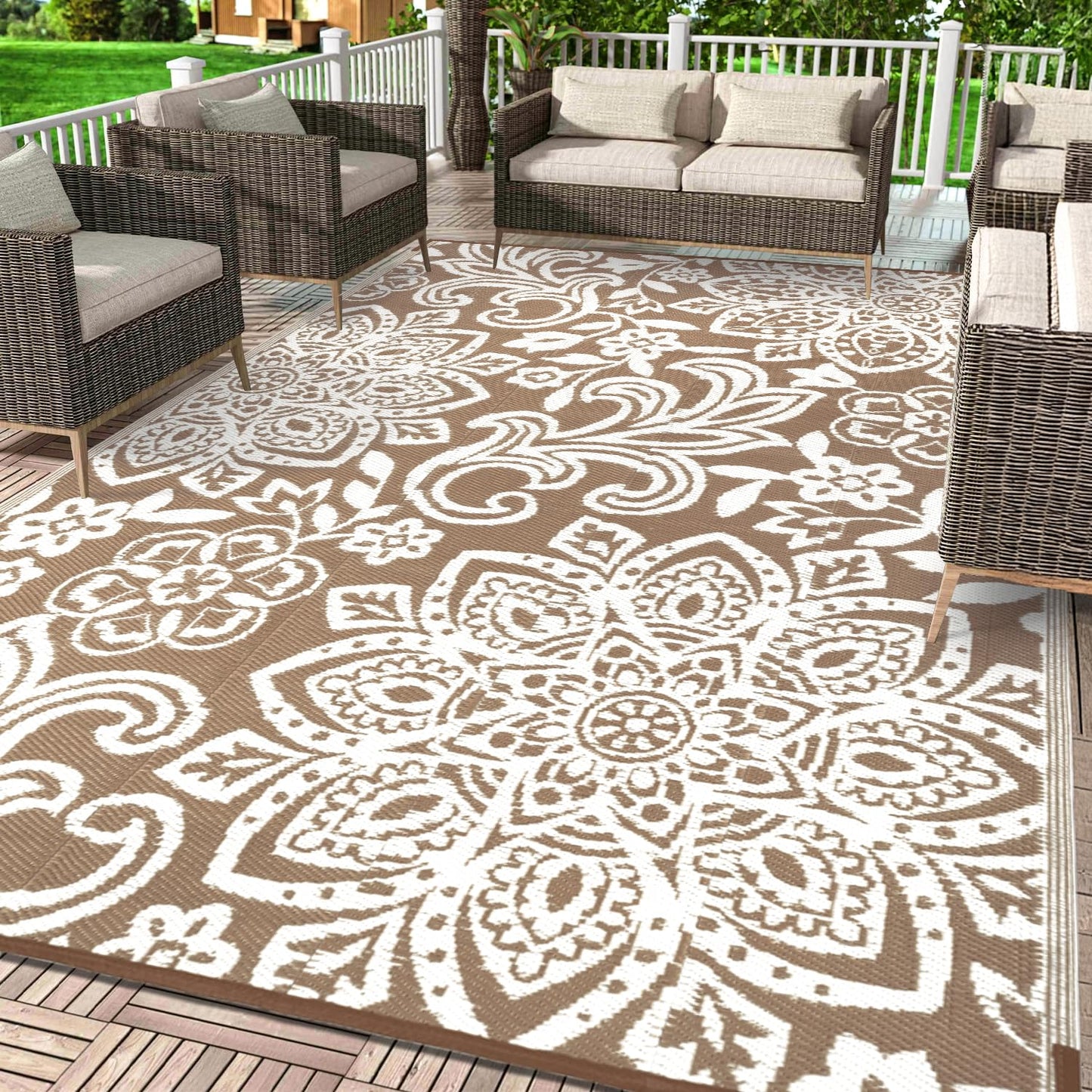 Findosom Waterproof Outdoor Rug 9' x 18' - Reversible Mandala Outdoor Plastic Straw Rug, Durable Foldable Patio Rug for RV, Deck, Balcony, Backyard, Picnic, Porch, Camping, Beach, Brown