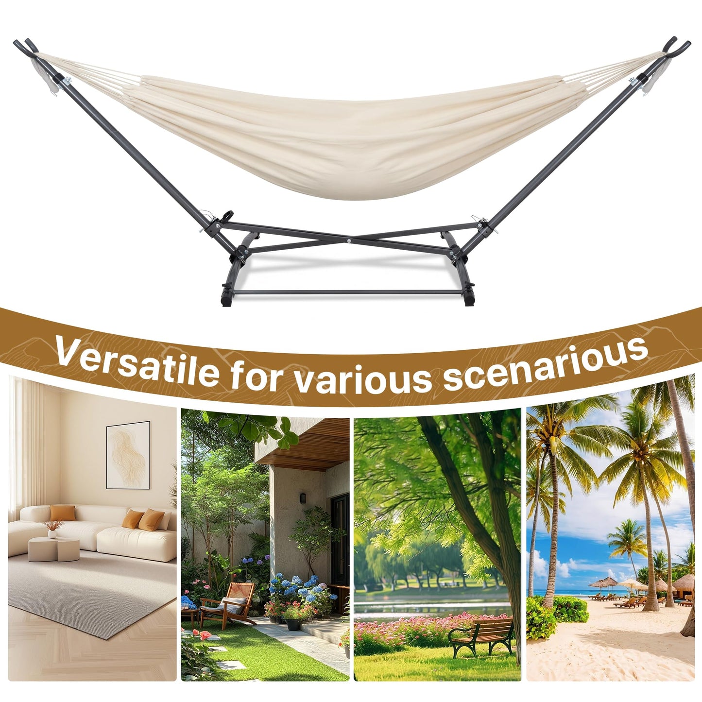 Homgava Portable Hammock with Folding Hammock Stand,Heavy Duty Steel Hammock Stand for Indoor and Outdoor with Carrying Bag,3 Holes for Height Adjustment, 550 LBS Weight Capacity,Off White