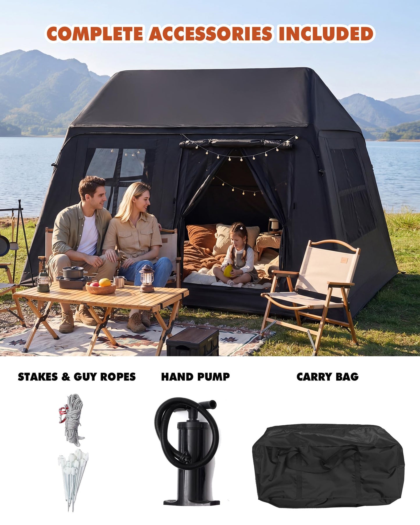 3-4 Person Inflatable Camping Tent Blow Up Hand Pump Easy Setup Waterproof Inflatable Cabin Portable Air Tent for Camping Family Tent for Backpacking Hiking