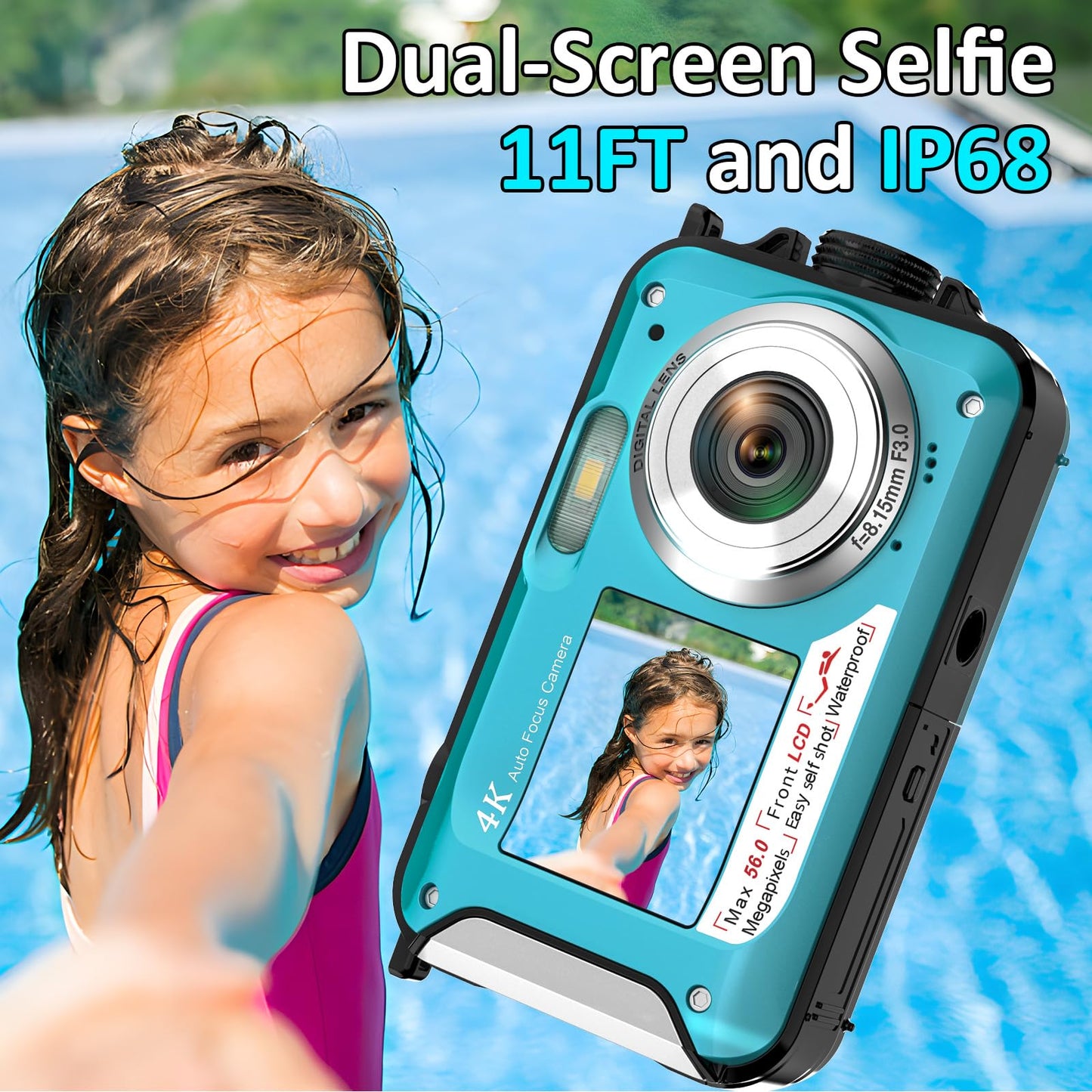 4K Underwater Camera 11FT Waterproof Camera with 32GB Card 56MP Autofocus Dual-Screen Selfie Underwater Camera for Snorkeling Waterproof Compact Floatable Digital Camera 1250mAh Battery Type-C (Blue)