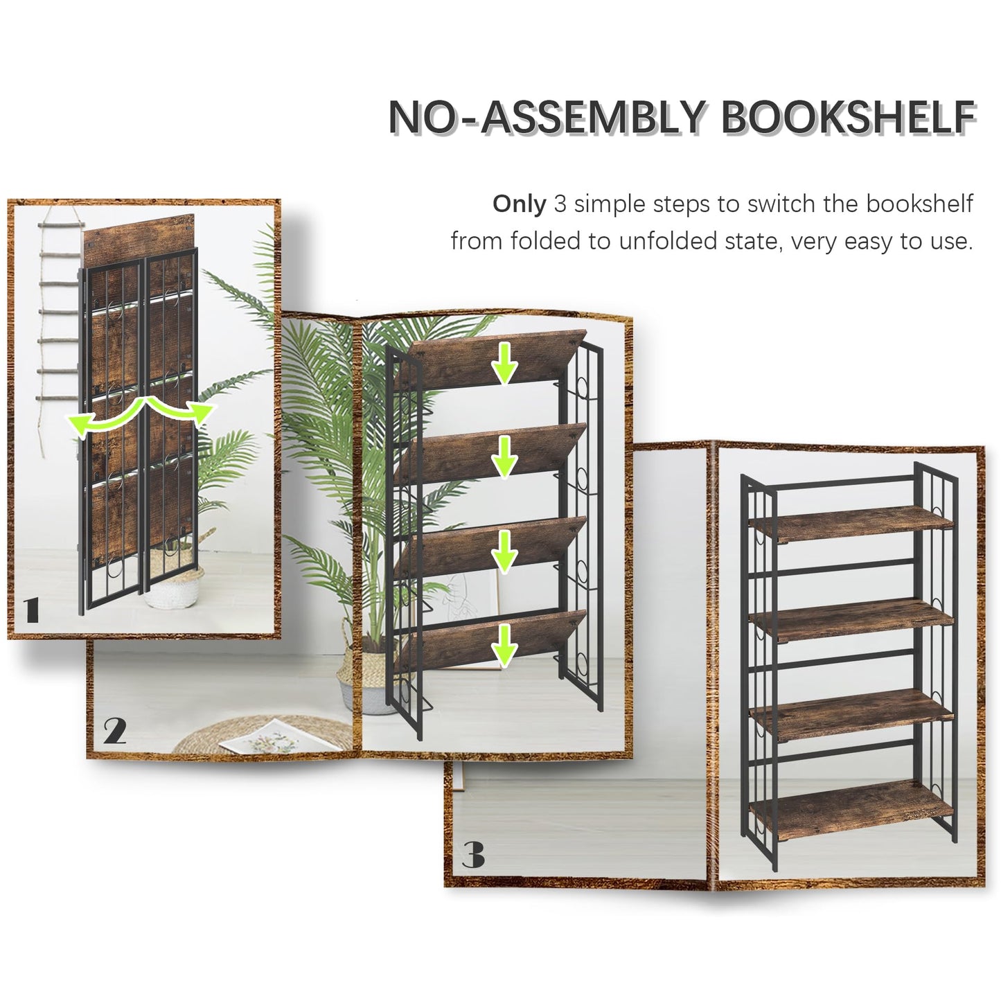 4NM No Assembly 4 Tiers Folding Bookshelf, 47.2" H Foldable Storage Shelves Vintage Bookcase Standing Racks Study Organizer Home Office - Rustic Brown Black