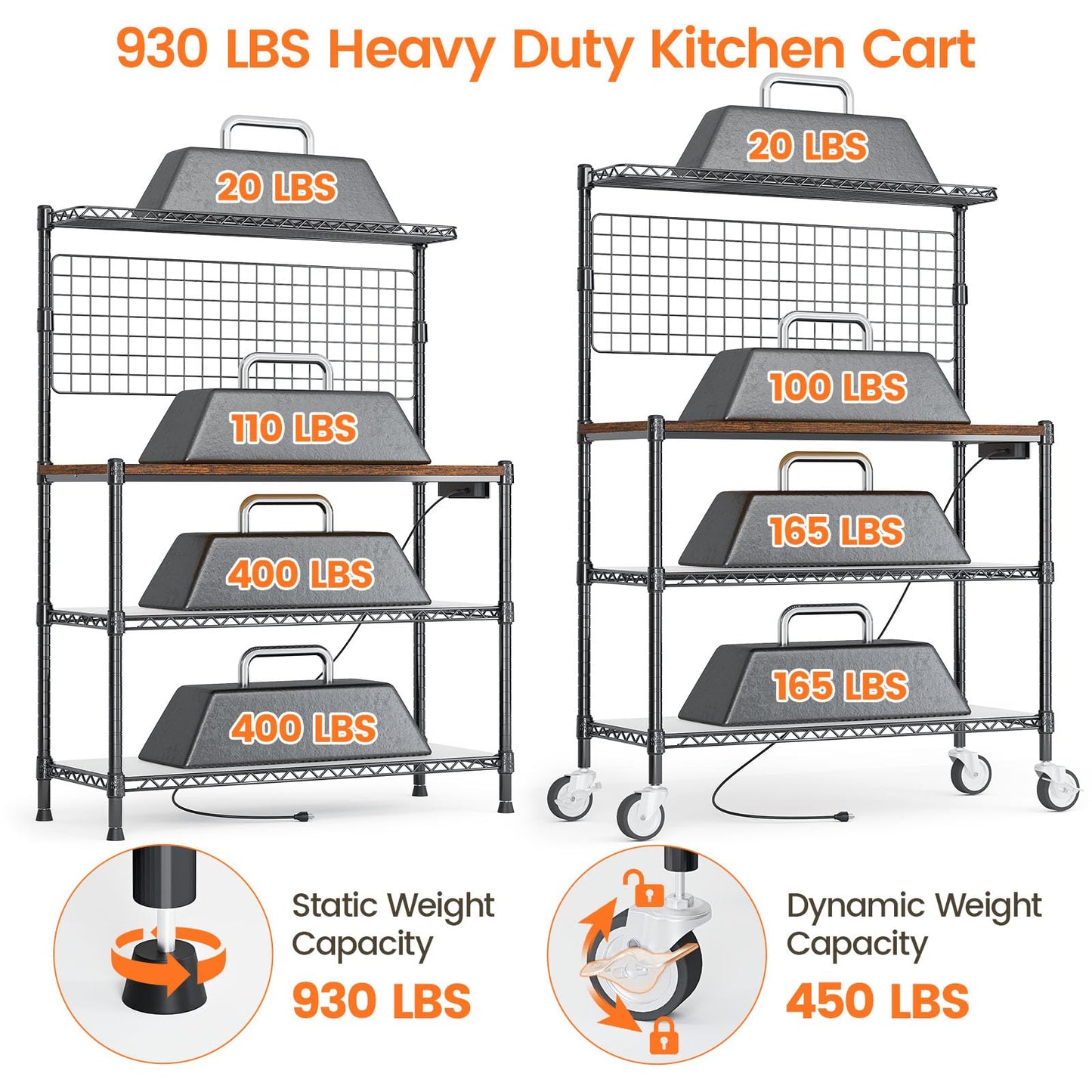 Leteuke Bakers Rack with Power Outlet & Storage, 36 Inch Microwave Stand Kitchen Cart, 4-Tier Metal Kitchen Shelves Cart with Wheels & 20 S-Hooks for Kitchen, NSF Certified, 63 x 18 x 36 Inch-Black