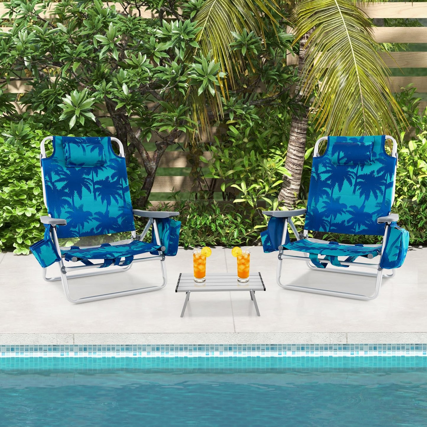 GYMAX Beach Chairs, Backpack Camping Chair with Armrest, Cooler Bag, Cup Holder, Towel Bar & Side Pockets, Sunbath Sling Tanning Lounge, Folding Layout Chair (with Table, Coconut Tree)
