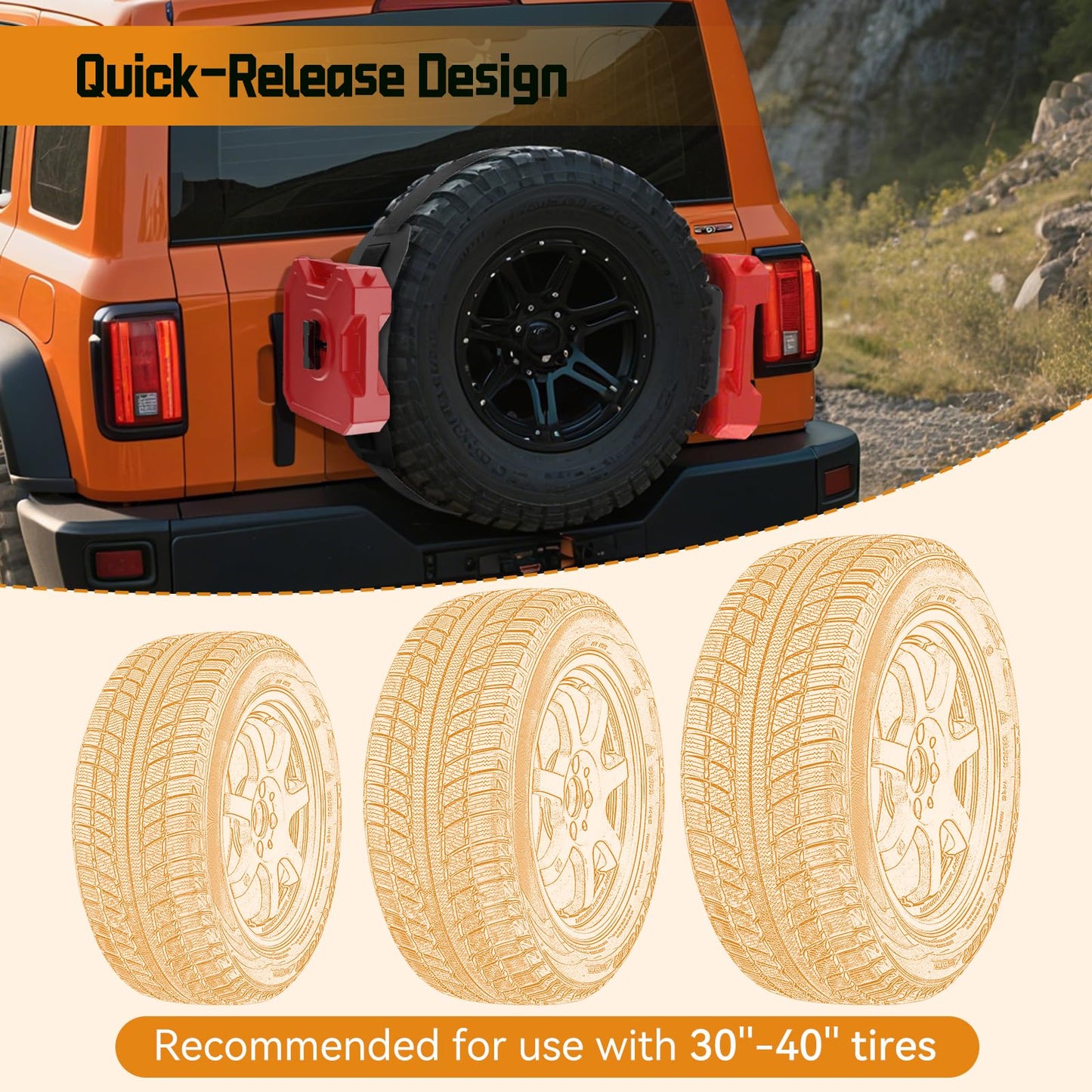 AC-TR-102S Tire Rack- 2 Pack Heavy Duty Spare Tire Mount, Quick Release Fuel Can Spare Tire Mount Bracket with Ratchet Strap for 30” - 40” Diameter Tires, Spare Tire Accessory Bracket for Off-Road
