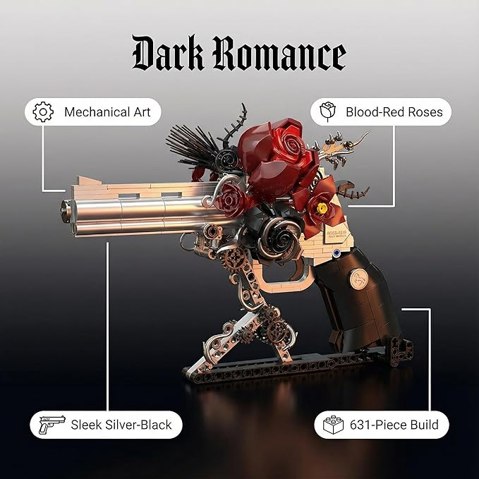 Gothic Rose Mechanical Display Building Blocks Set Black & Silver Floral Art Sculpture Model Kit Dark Goth Romance Desk Shelf Decor Gift for Valentine’s Day