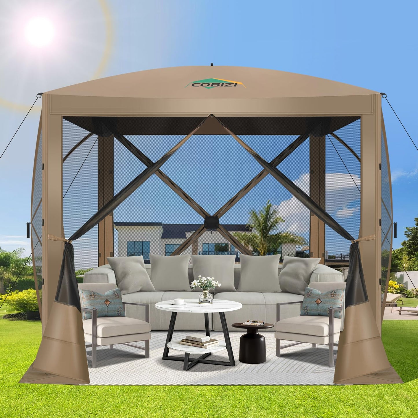 COBIZI Pop Up Gazebo Screen Tent Screen House for Camping, 6FTx6FT Screen Room with Mosquito Netting, Hub Tent Instant Screened Canopy with Carrying Bag and Ground Stakes, Khaki