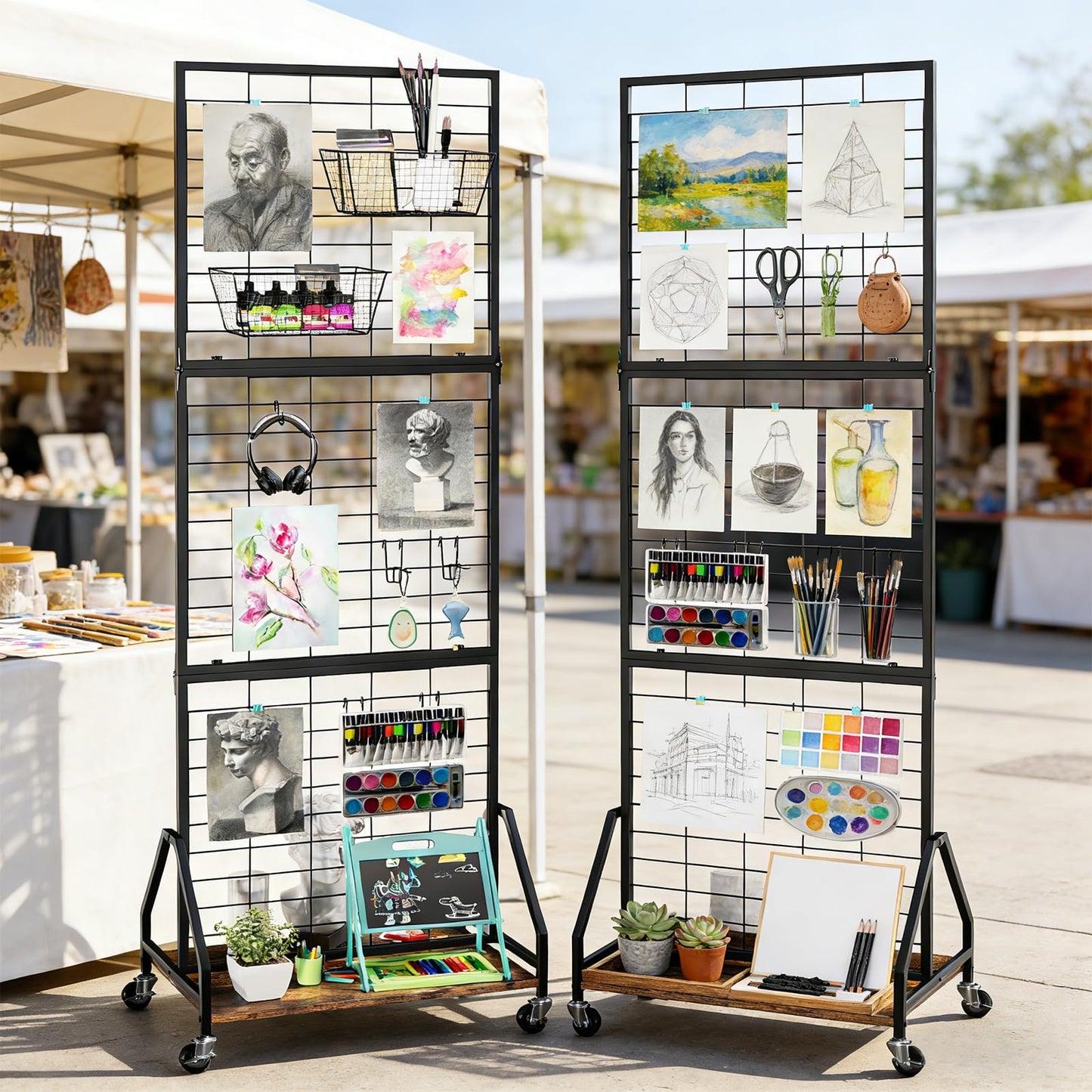 ELYKEN 2 Pack Foldable Grid Wall Panels 5.7' x 2' FT, Movable Wire Gridwall Display Rack with Wheels and Adjustable Foots, Retail Display Stand for Vendor with Storage (Rustic Brown)