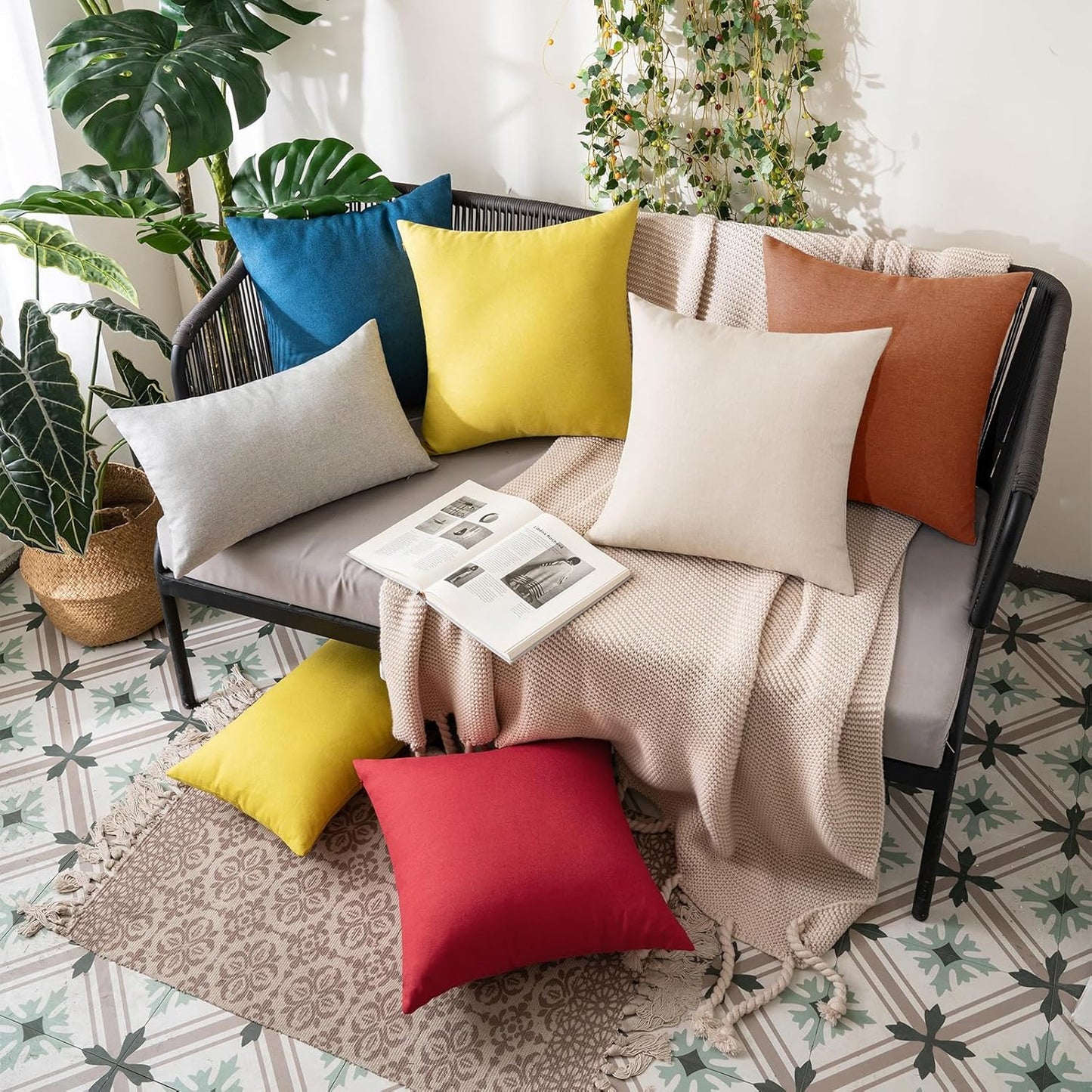MIULEE Decorative Outdoor Throw Pillow Covers - Waterproof Faux Linen Cushions | 24x24 Inch Rust - Perfect for Summer Patio & Garden