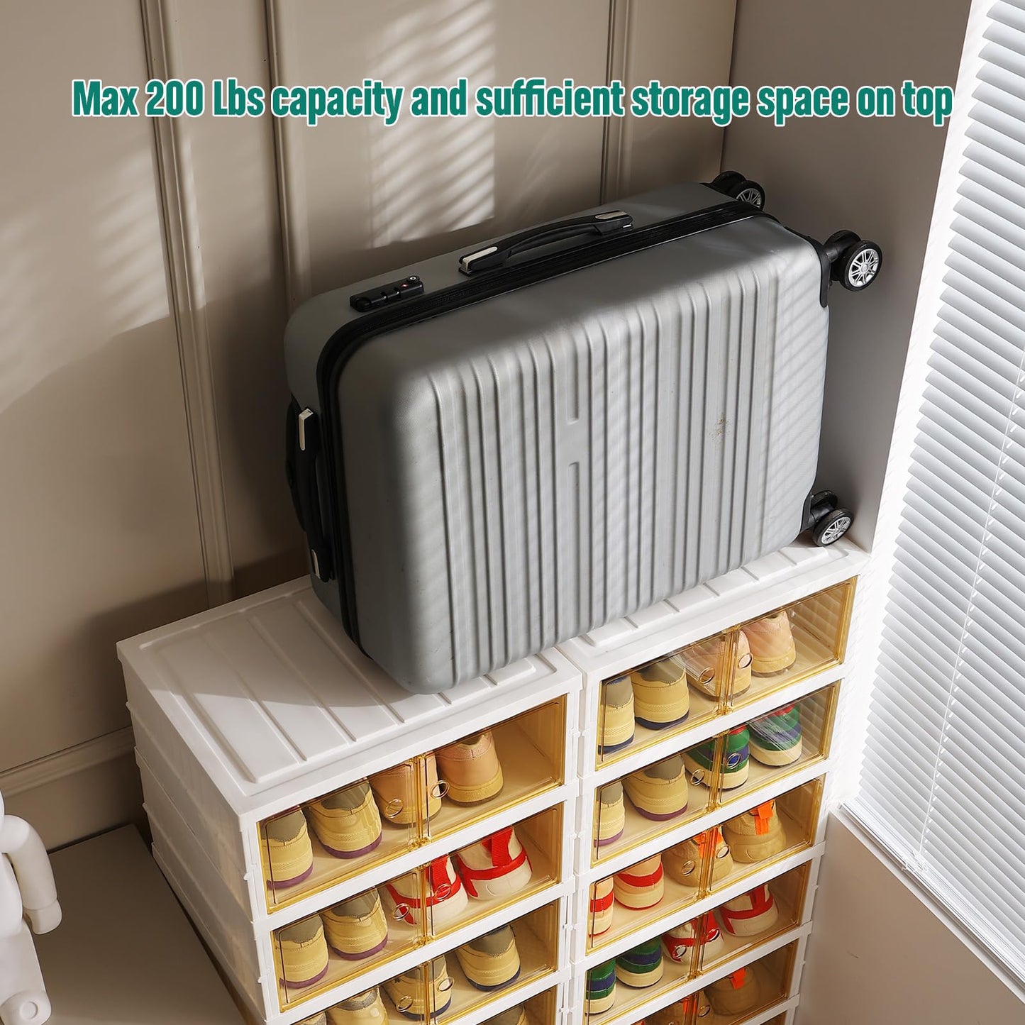 Beeveer 8-Tier Foldable Shoes Rack Organizer Clear Plastic Shoes Rack for Closet Shelf Collapsible Large Storage Box Stackable Easy Assembly Shoe Cabinet with Lids and Door(for 32 Pairs)