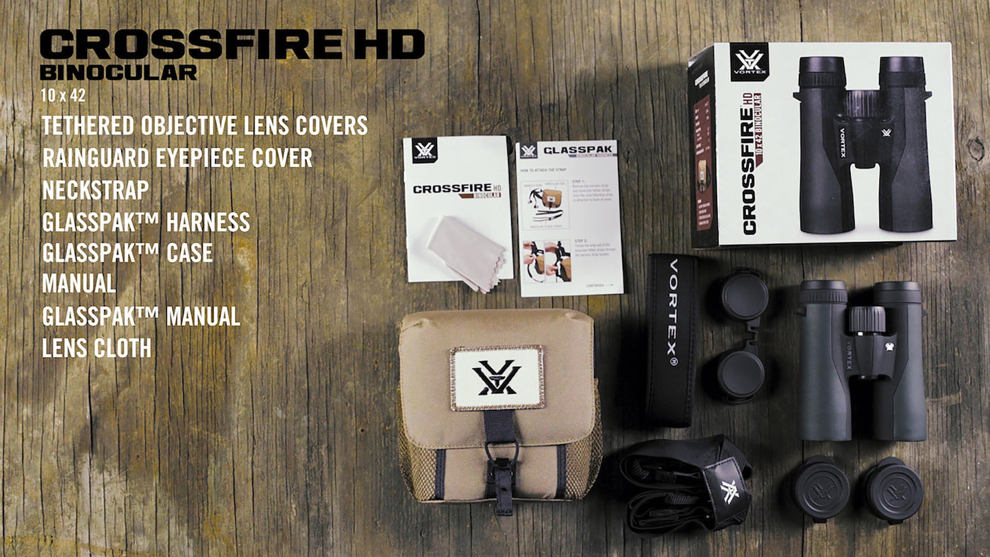 Vortex Crossfire HD 10x42 Binoculars - HD Optical System, Tripod Adaptable, Rubber Armor, Waterproof, Fogproof, Shockproof, Included GlassPak - Unlimited, Unconditional Warranty