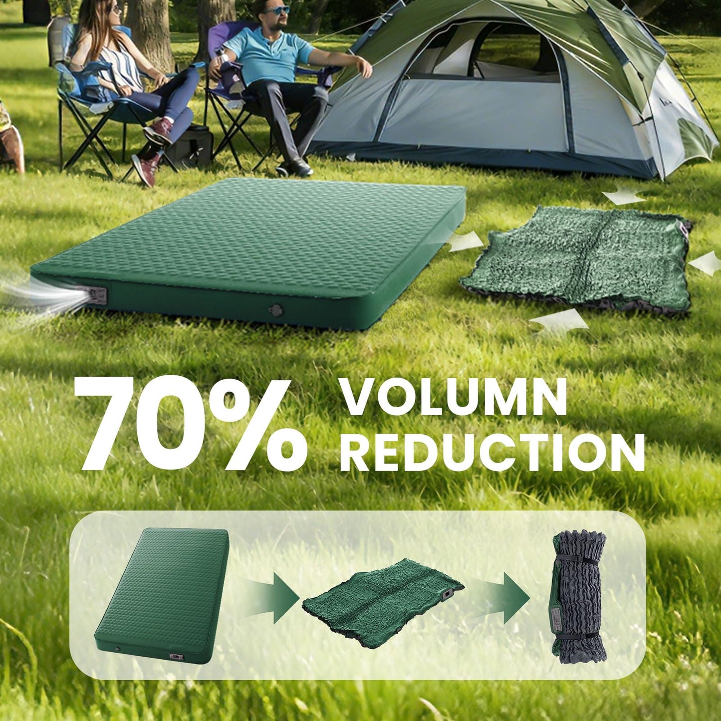 Self Inflating Double Sleeping Pad for Camping with Electric Pump 4 Inch Ultra Thick Memory Foam 2 Person Inflatable Sleeping Pad All Season Full Size Portable Camping Mattress for Travel,Tent (Green)