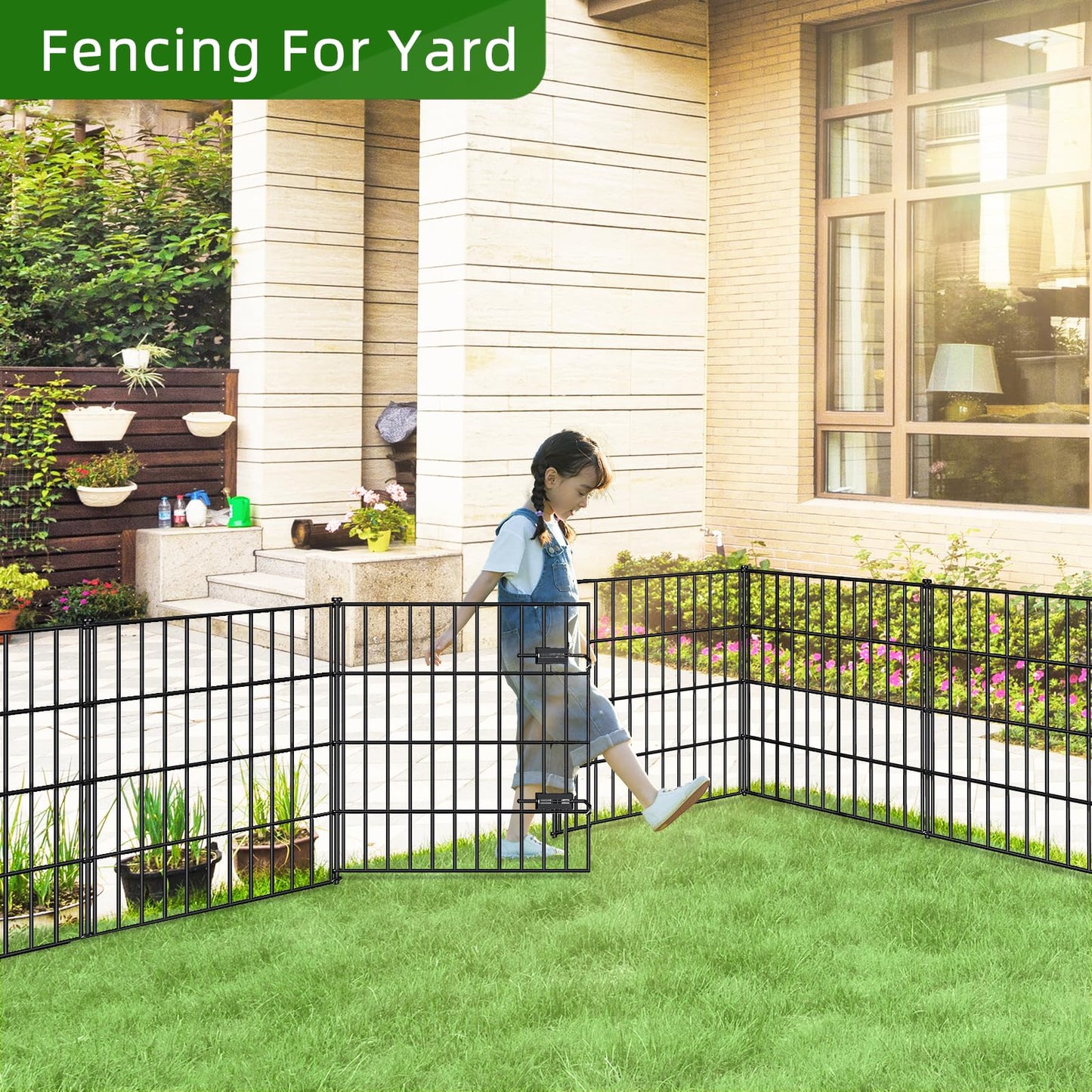 FOREHOGAR Metal Garden Fence 28in (H) x 35ft (L), 1 Gate + 14 Panels Dog Fences Border Fence Animal Barrier, No Dig Garden Fencing for Yard Flower Bed Lawn Patio Outdoor, PIN282815G Black