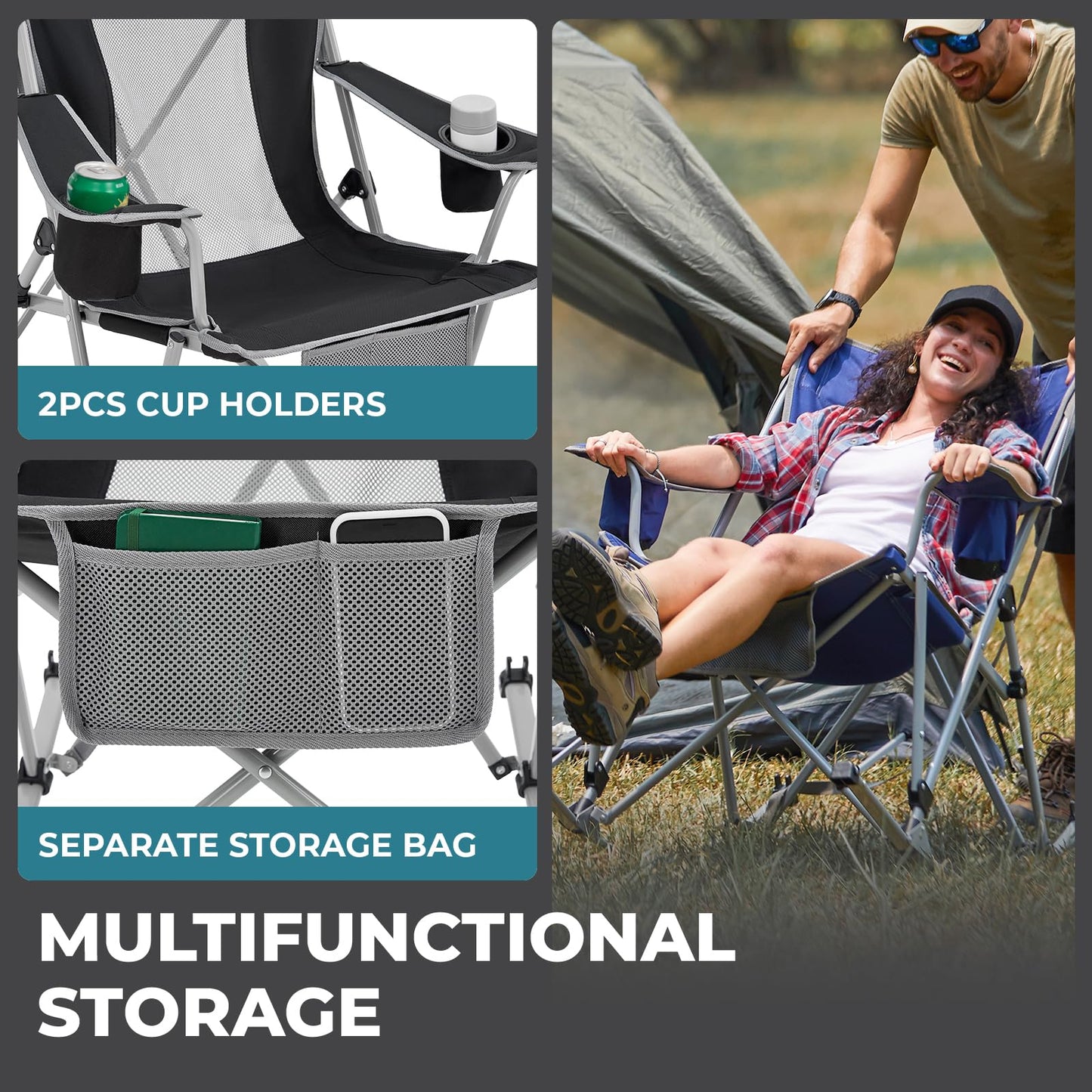 FUNDANGO Rocking Camping Chair, High Mesh Back Portable Folding Camp Chairs with Pillows, Cup Holder and Carry Bag for Lawn Patio Garden Outdoor Supports 300 Lbs (Black/Grey)