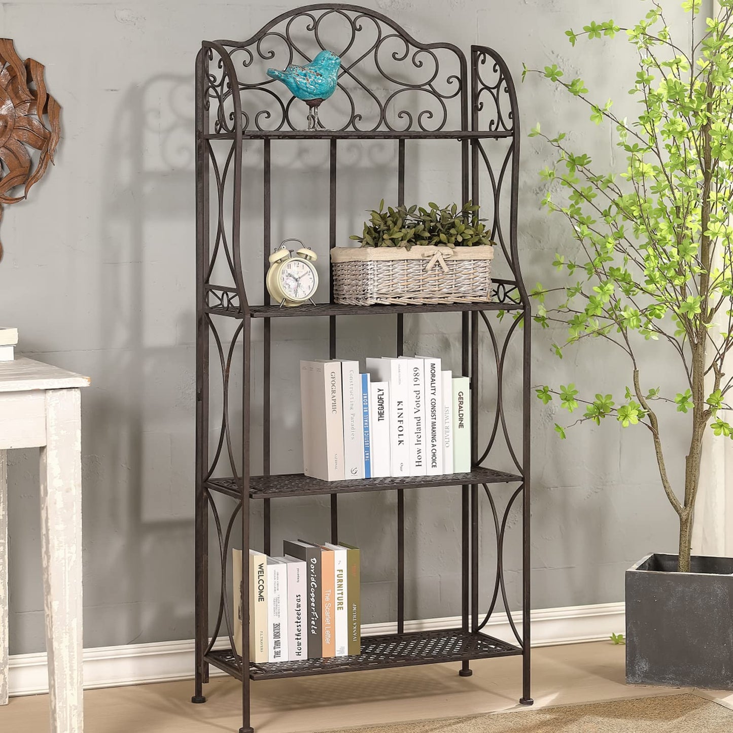 XAONIEN Antique Bronze Four-Tiered Metal Baker's Rack,Free Standing Book Shelves Plants Stand for Kitchen Patio Front Porch Dining Room Living Room,27" X 14" X 65"