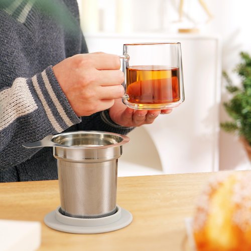 CNGLASS 12oz Double Walled Glass Tea Cup with Stainless Steel Infuser and Lid,Borosilicate Glass Tea Infuser Mug for Loose Tea,Teabag,Set of 1