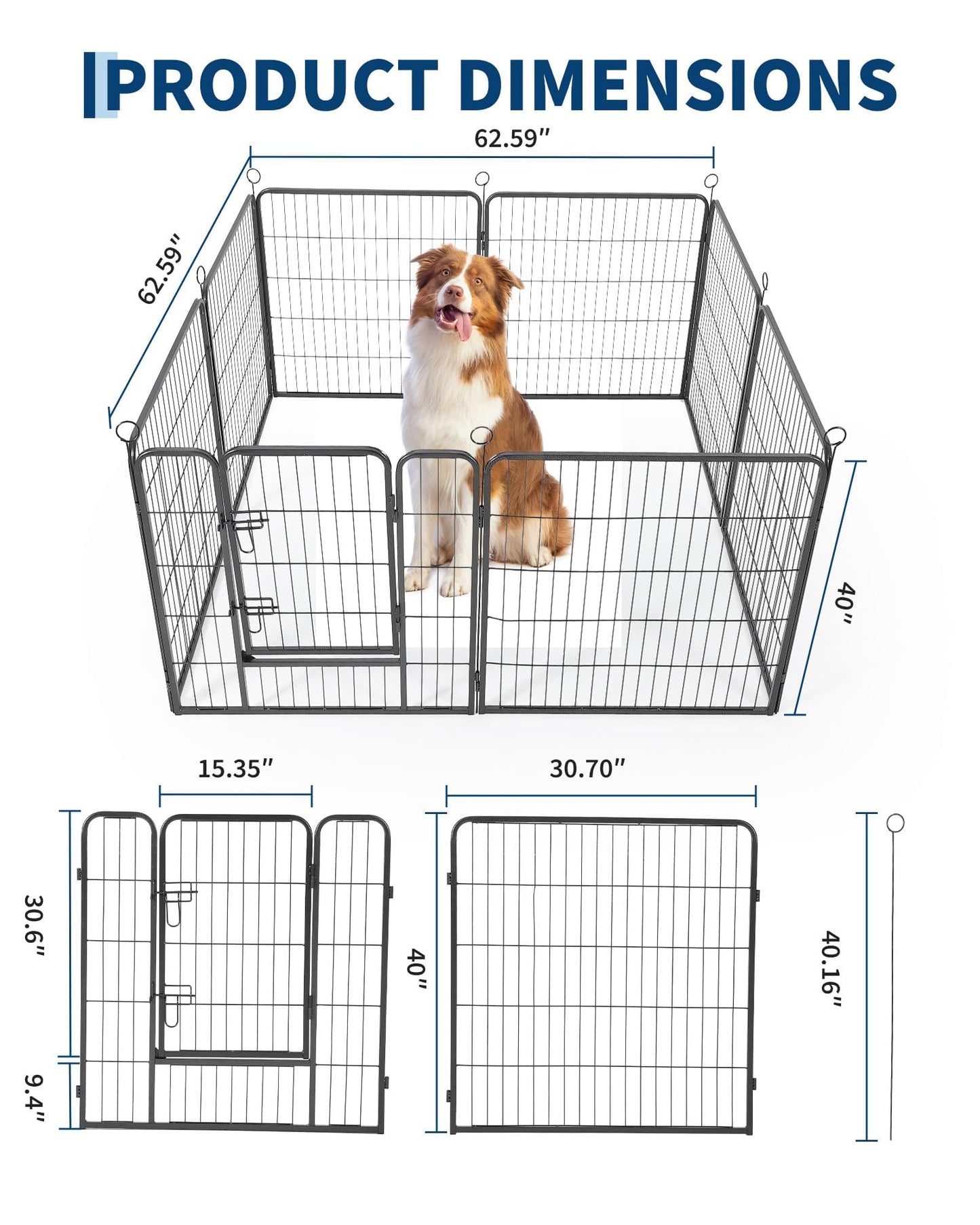 40 Inch 8 Panels Dog Playpen, Heavy Duty Metal Pet Exercise Pen with Secure Gate, Foldable Portable Dog Fence, Anti-Rust Metal Puppy Playpen for Large Small Dogs, Outdoor Yard RV Camping & Indoor Use