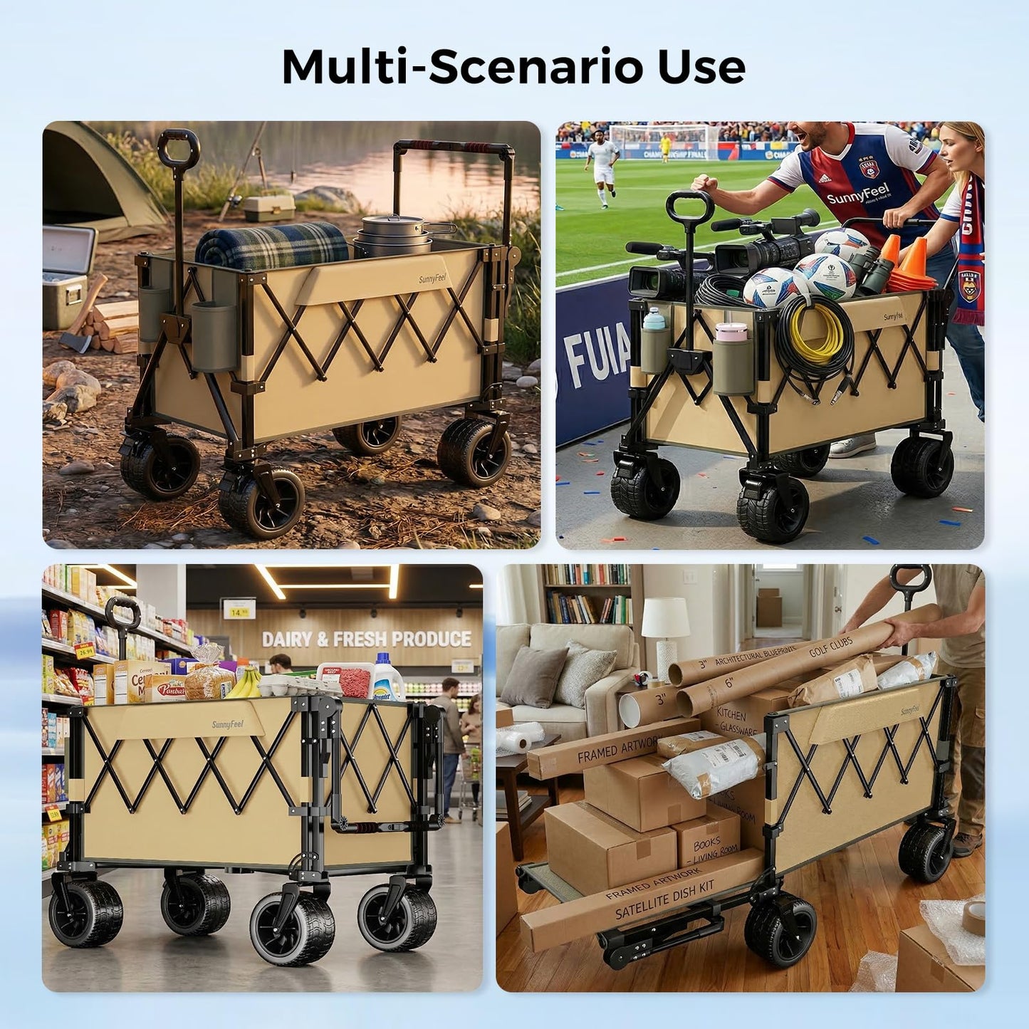 SUNNYFEEL 550LBS Collapsible Wagon Cart - Heavy Duty Push Pull Foldable Wagon with Dual Handles and Big Wheel,Utility Cart with Rear Tailgate for Camping, Fishing, Gardening, Shopping, Grey