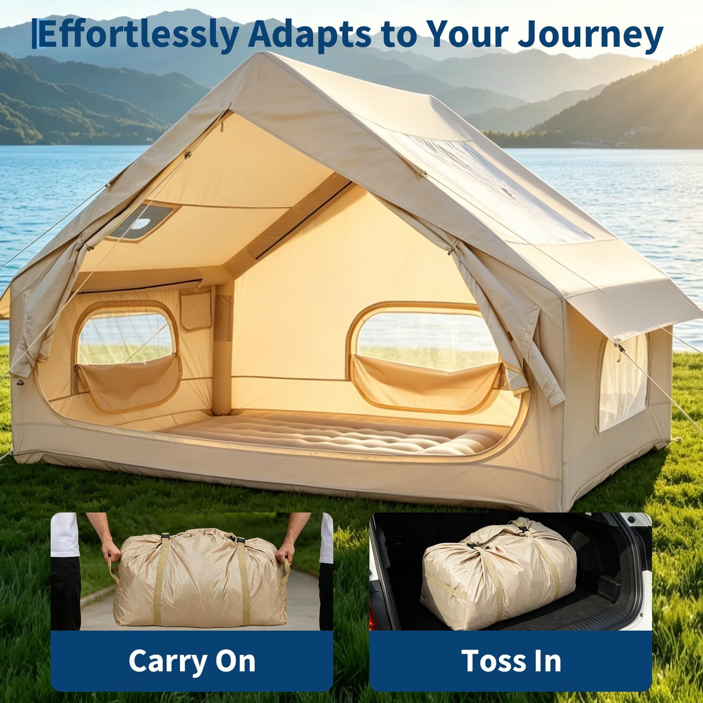 Inflatable Camping Tent for 2-6 Person, Quick Setup Blow Up Tent with Hand Pump, Waterproof 4 Season Air Glamping Tent with Skylight, Mesh Windows & Stove Jack, for Camping, Beach, Outdoor