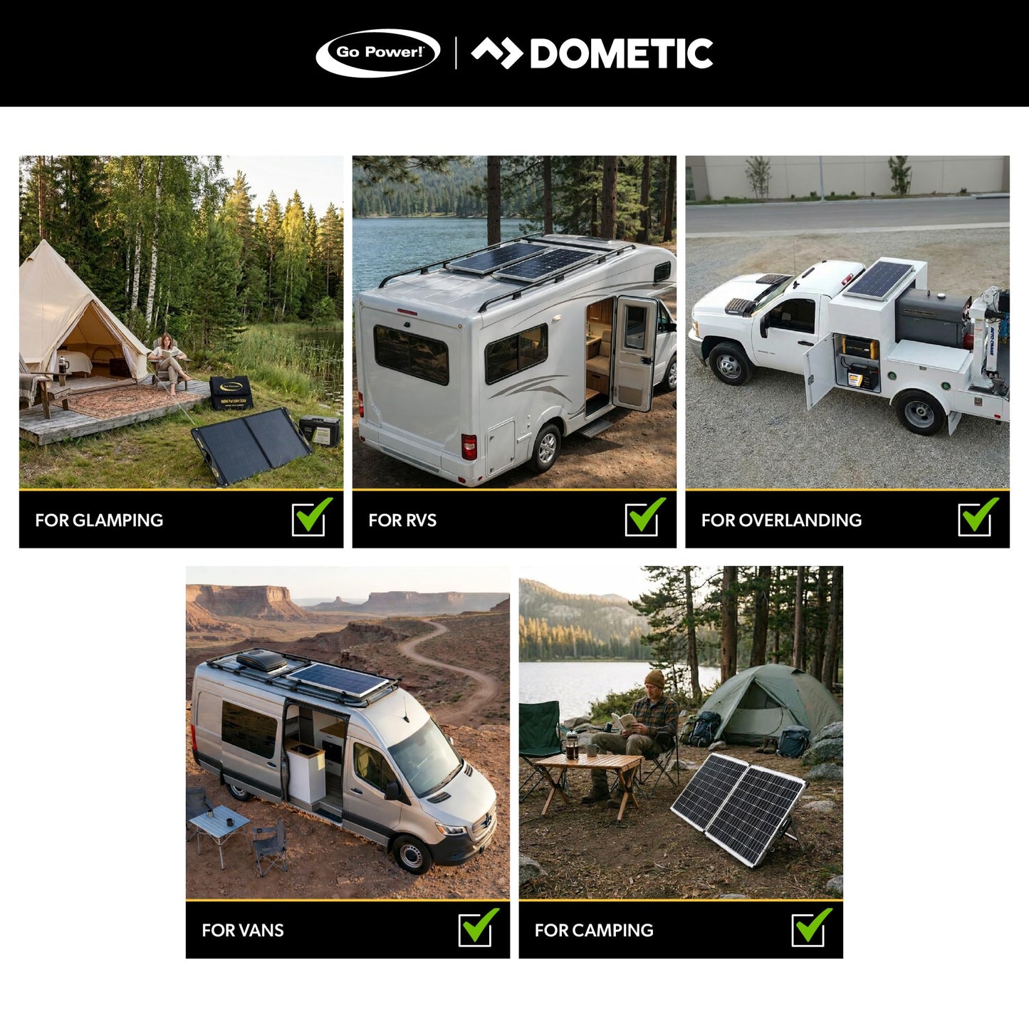 Go Power DuraLite-E 100-Watt Expansion Solar Panel - Built-in USB Charging, 12' Cable, Lightweight 10 lbs, Solar Panel for Camping, Tent Trailers, Camper Vans, RVs