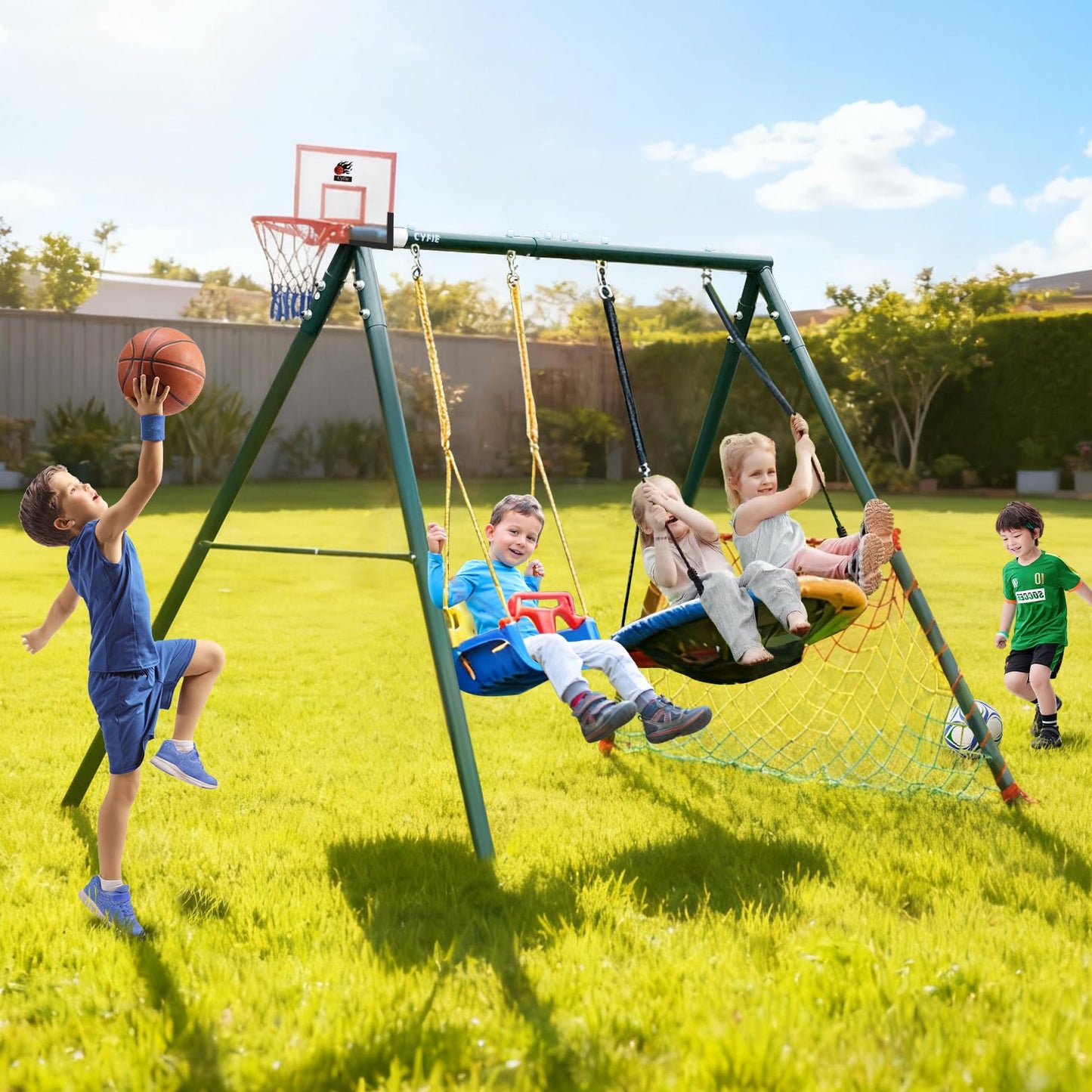 CYFIE Swing Sets for Backyard, 7-in-1 Kids Swing Set and Saucer Swing, Outdoor 440lbs Heavy Duty Metal Frame Stand, Basketball Hoop and Soccer Goal, Toddler Playset for Backyard, Playground