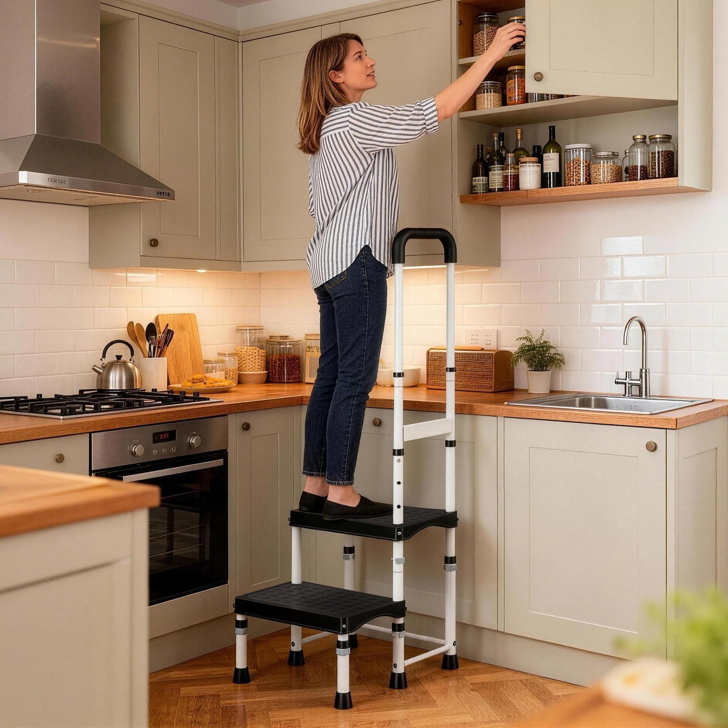 DEPSUNNY RV Step Stool with Handle for Elderly,2 Step Ladder with Handrail, Reinforced PP Wide Platform, Adjustable Height, Portable Stairs for Hot Tub/Camper/Mobile Home/Porch/SPA Pool/Pet Stairs