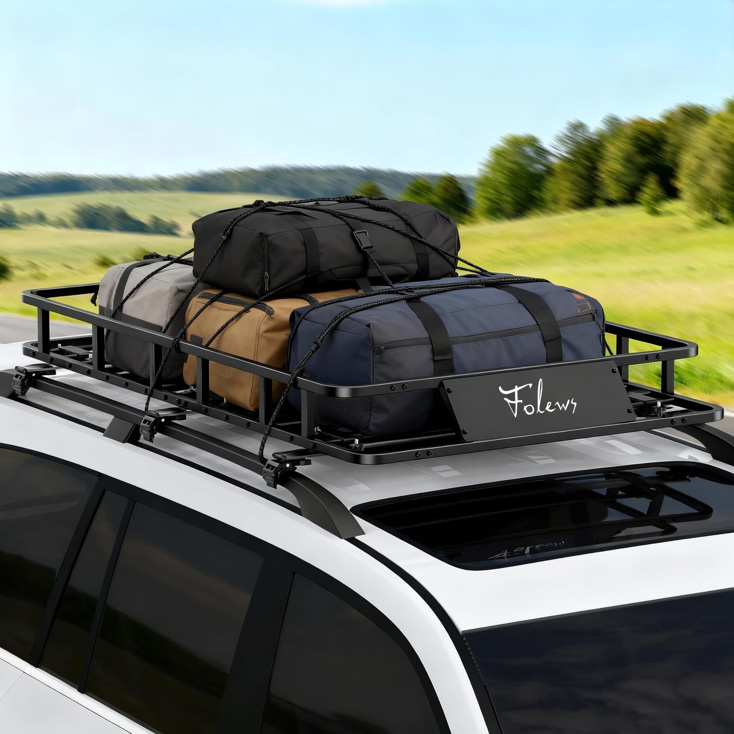 Folews 64 x 39 x 6 Inch Roof Basket, Heavy Duty 300LB Roof Rack Cargo Carrier Universal Rooftop Cargo Basket Steel Luggage Holder for Car, SUV, Truck & Pickup