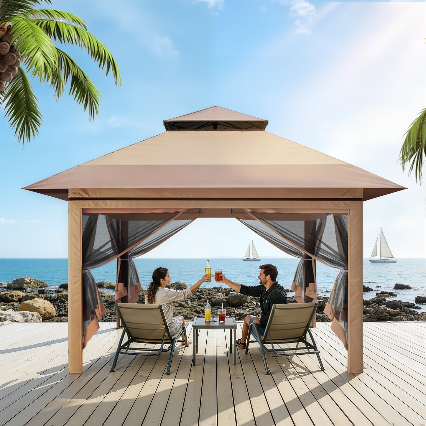 Driftalia 13x13 Pop Up Gazebo, Instant Outdoor Gazebo with Mosquito Netting, Vented Roof and Carry Bag for Patio, Garden & Backyard - Beige & Coffee